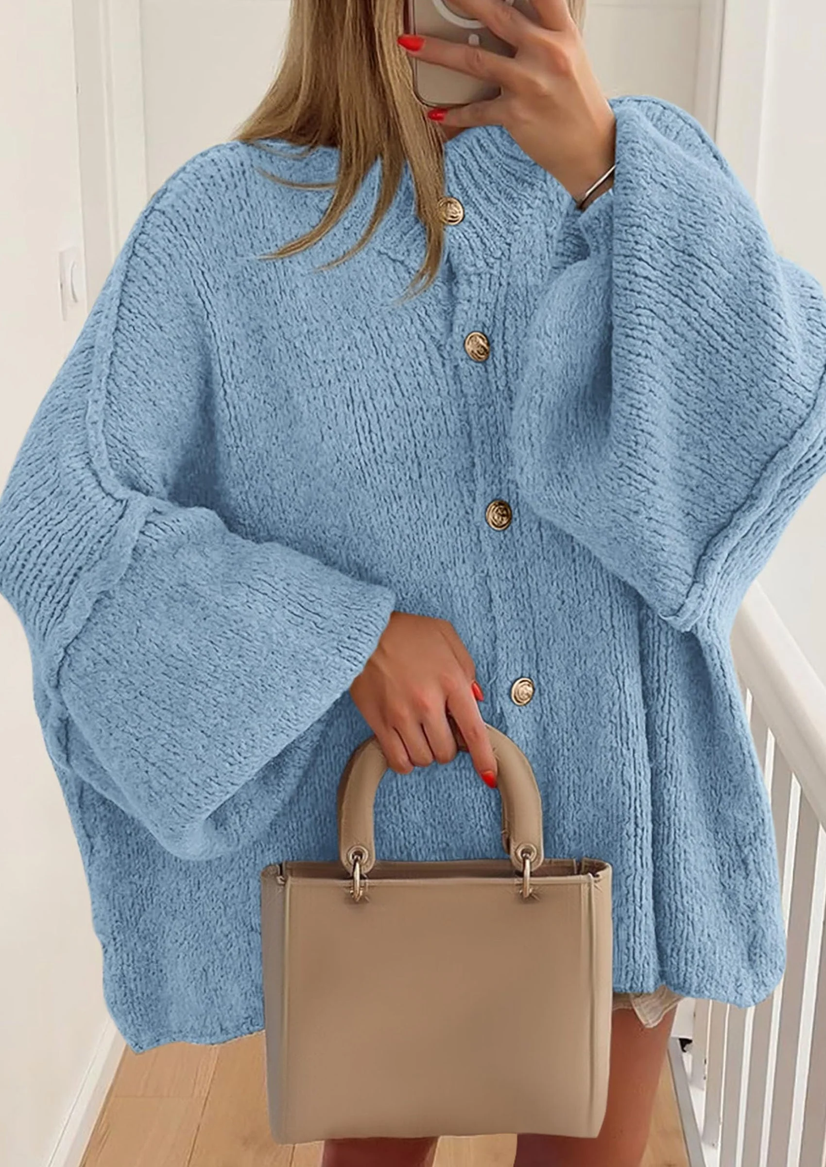 PRETTYGARDEN Women's Winter Button Down Cardigan Sweaters Mock Neck Lantern Long Sleeve Chunky Knit Jacket Trendy Outerwear - Image 53