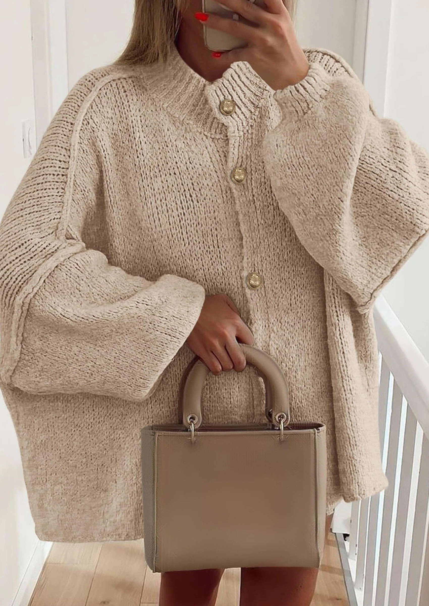 PRETTYGARDEN Women's Winter Button Down Cardigan Sweaters Mock Neck Lantern Long Sleeve Chunky Knit Jacket Trendy Outerwear - Image 57