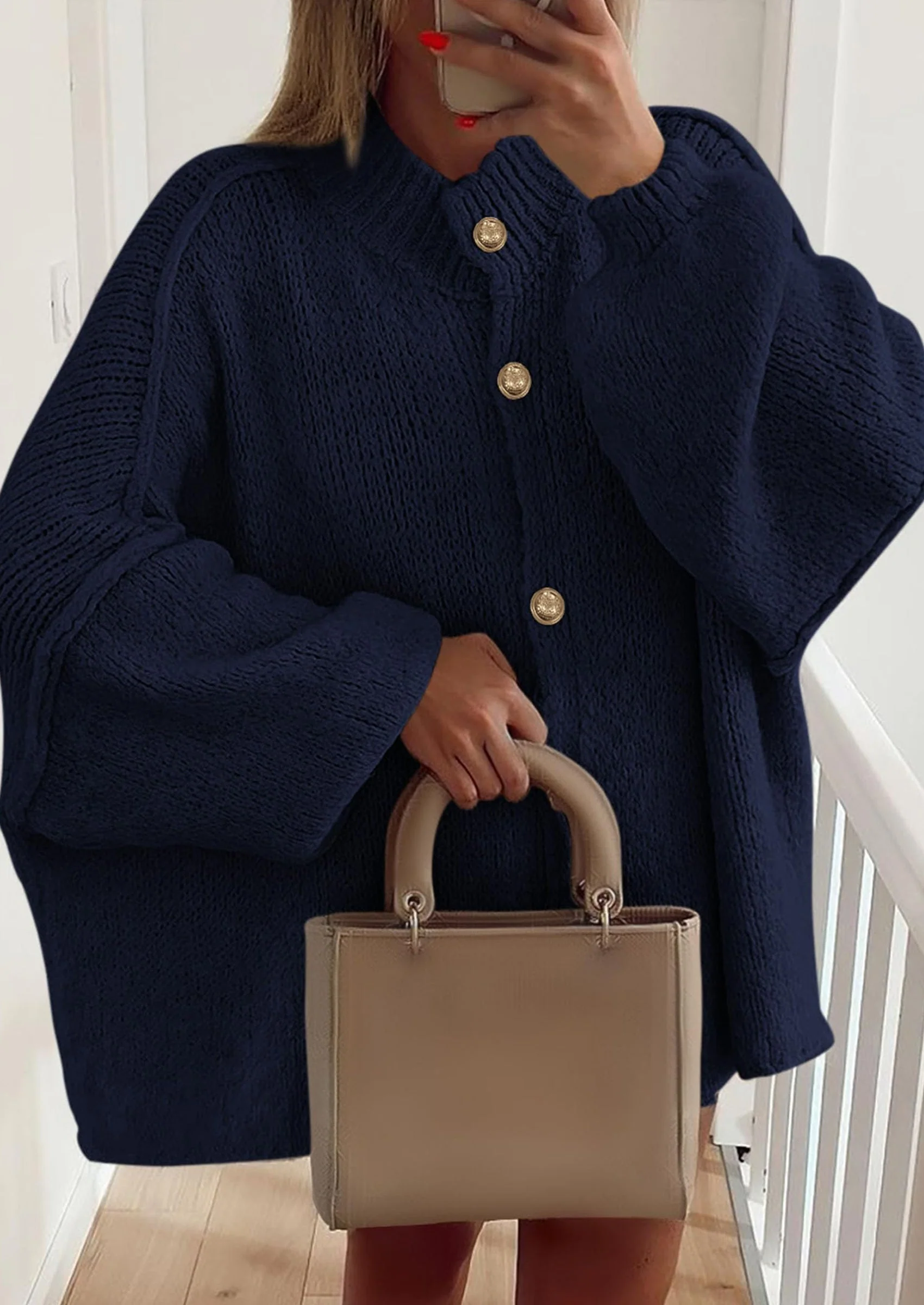 PRETTYGARDEN Women's Winter Button Down Cardigan Sweaters Mock Neck Lantern Long Sleeve Chunky Knit Jacket Trendy Outerwear - Image 59