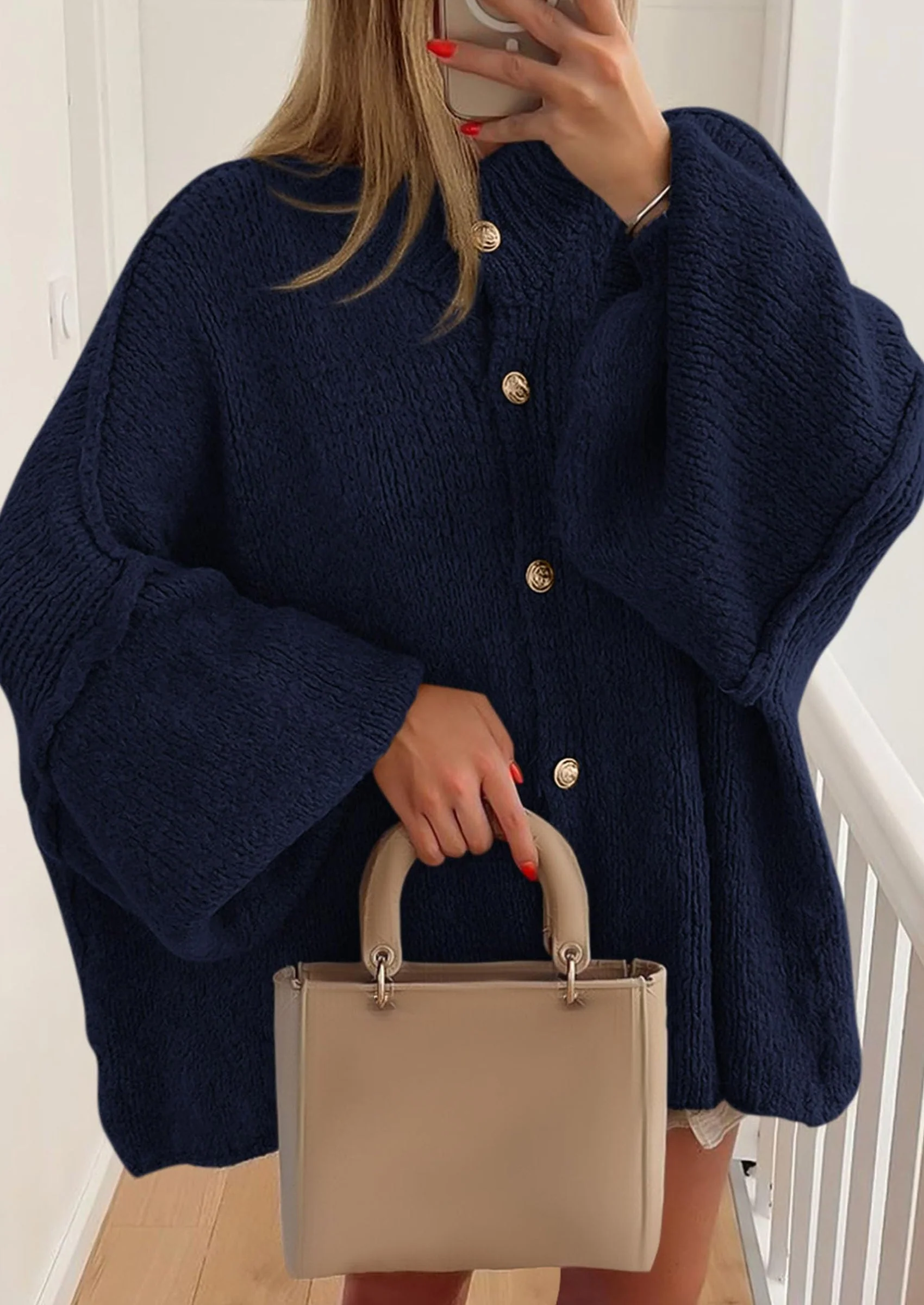 PRETTYGARDEN Women's Winter Button Down Cardigan Sweaters Mock Neck Lantern Long Sleeve Chunky Knit Jacket Trendy Outerwear - Image 60