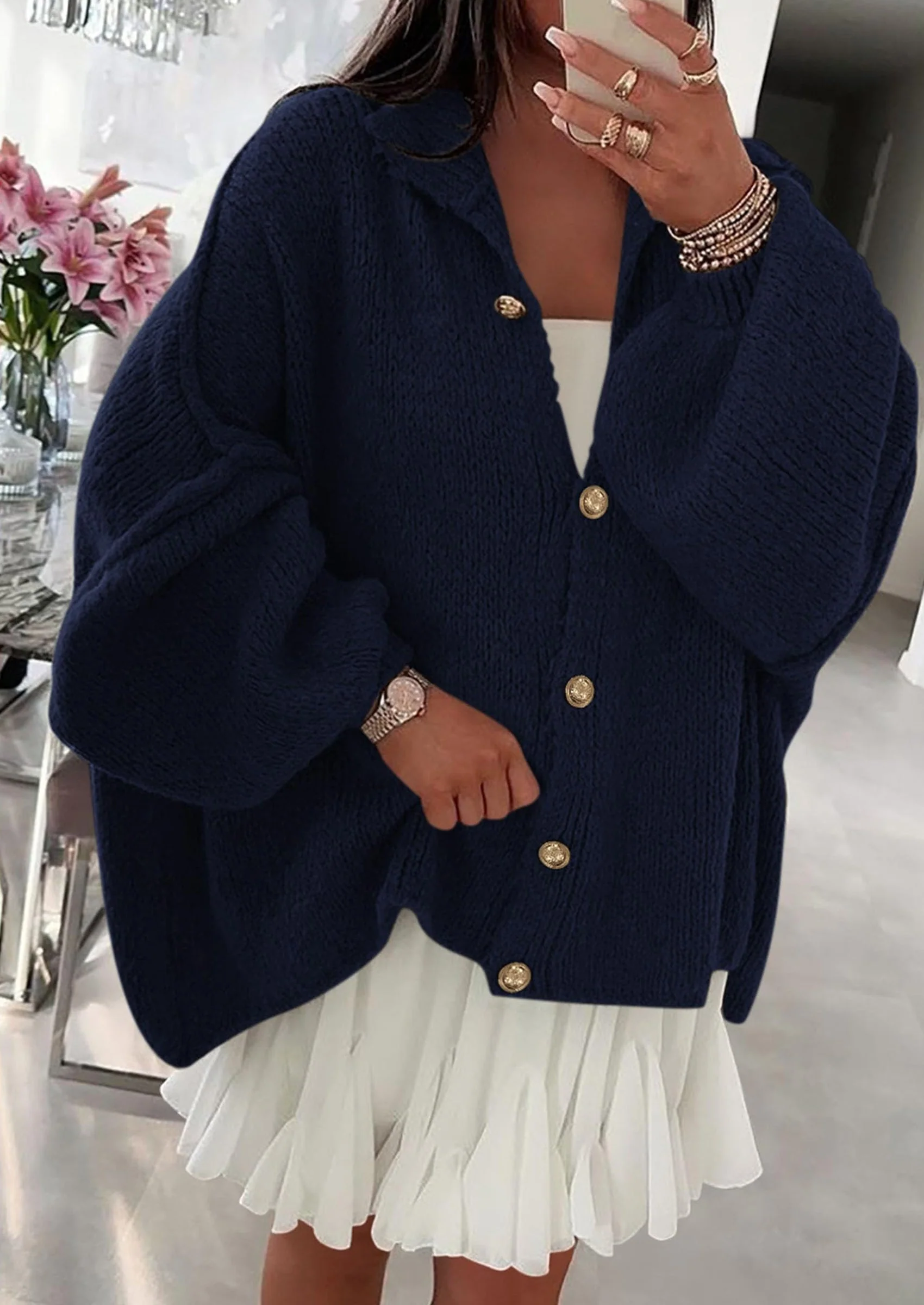 PRETTYGARDEN Women's Winter Button Down Cardigan Sweaters Mock Neck Lantern Long Sleeve Chunky Knit Jacket Trendy Outerwear - Image 61