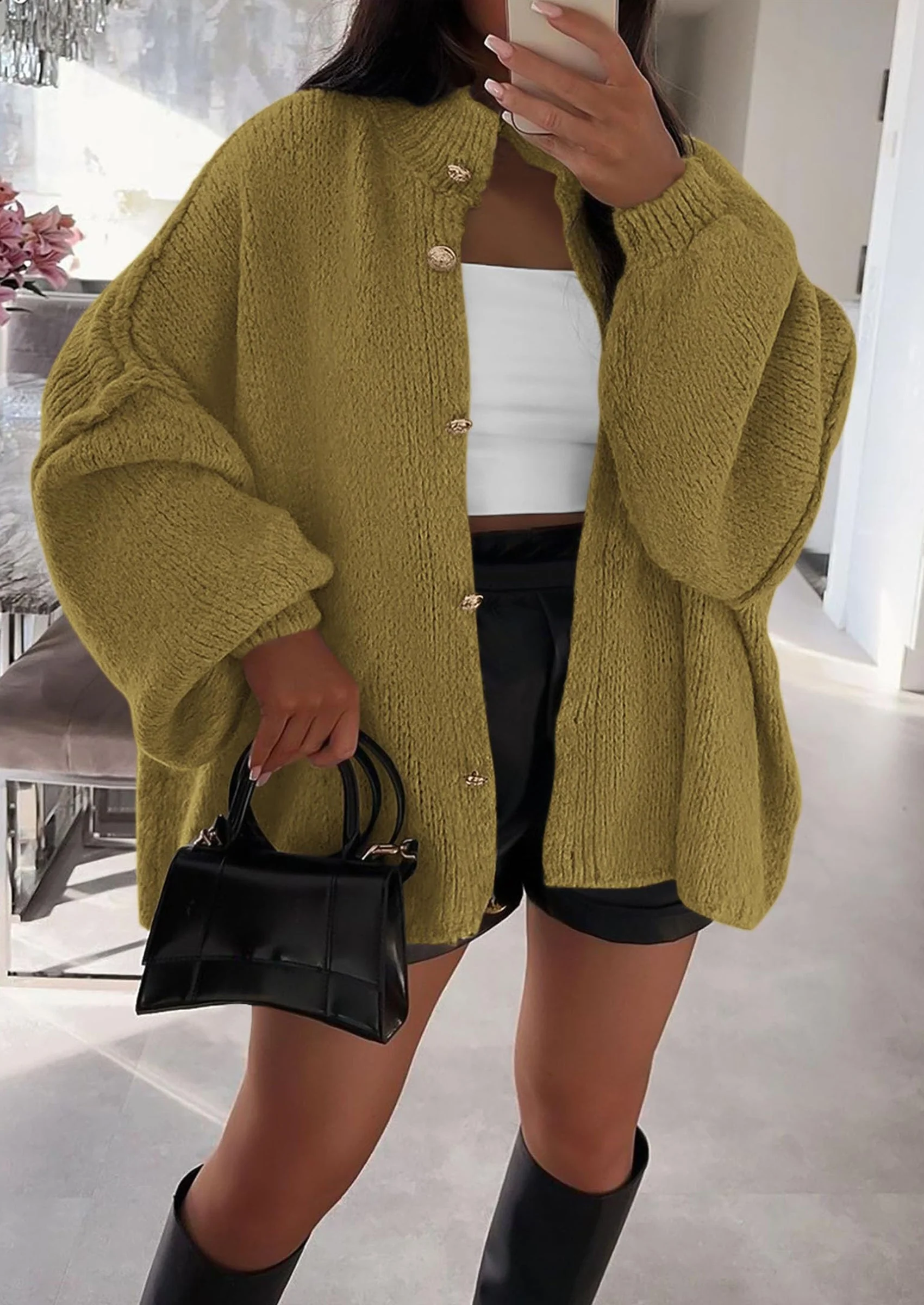 PRETTYGARDEN Women's Winter Button Down Cardigan Sweaters Mock Neck Lantern Long Sleeve Chunky Knit Jacket Trendy Outerwear - Image 62