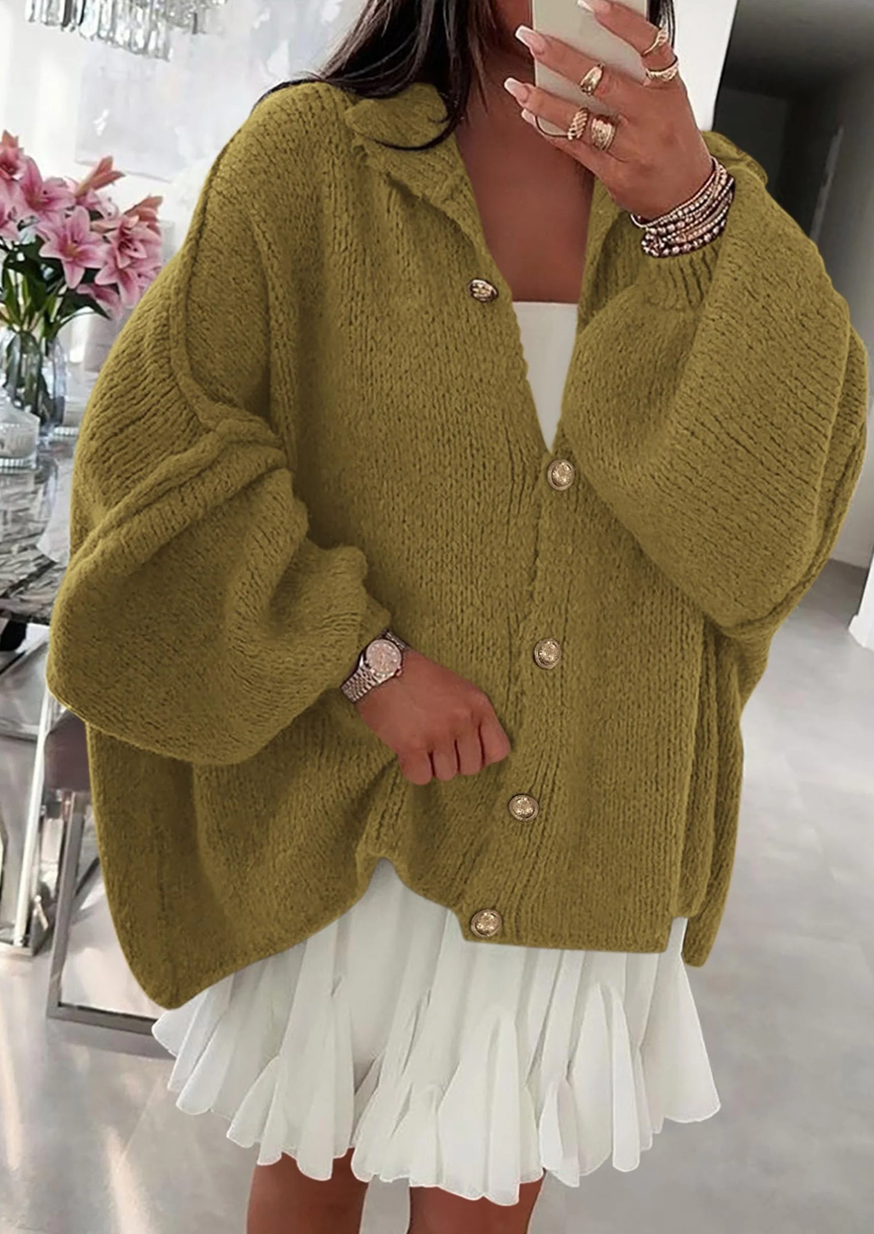 PRETTYGARDEN Women's Winter Button Down Cardigan Sweaters Mock Neck Lantern Long Sleeve Chunky Knit Jacket Trendy Outerwear - Image 64