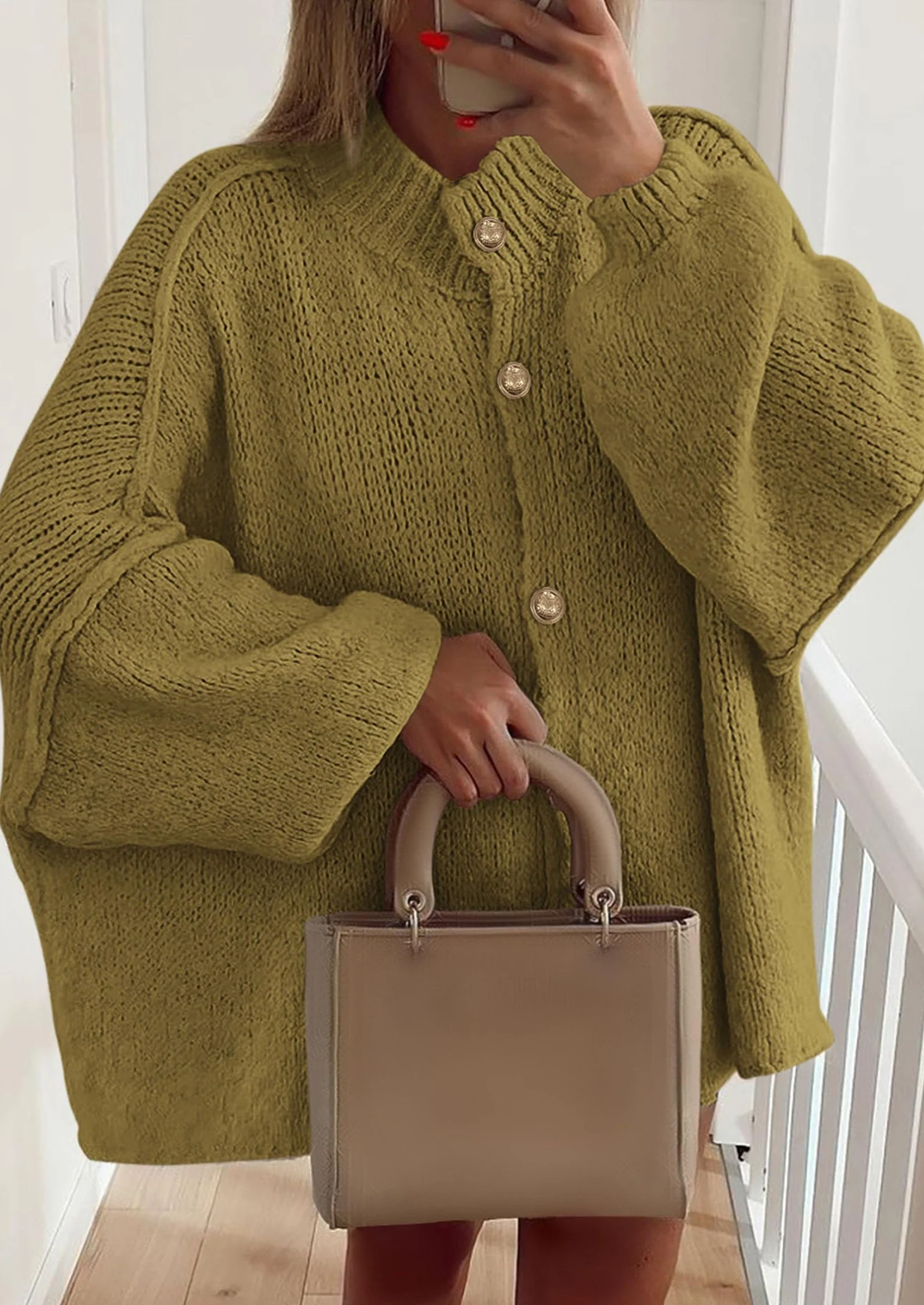 PRETTYGARDEN Women's Winter Button Down Cardigan Sweaters Mock Neck Lantern Long Sleeve Chunky Knit Jacket Trendy Outerwear - Image 67