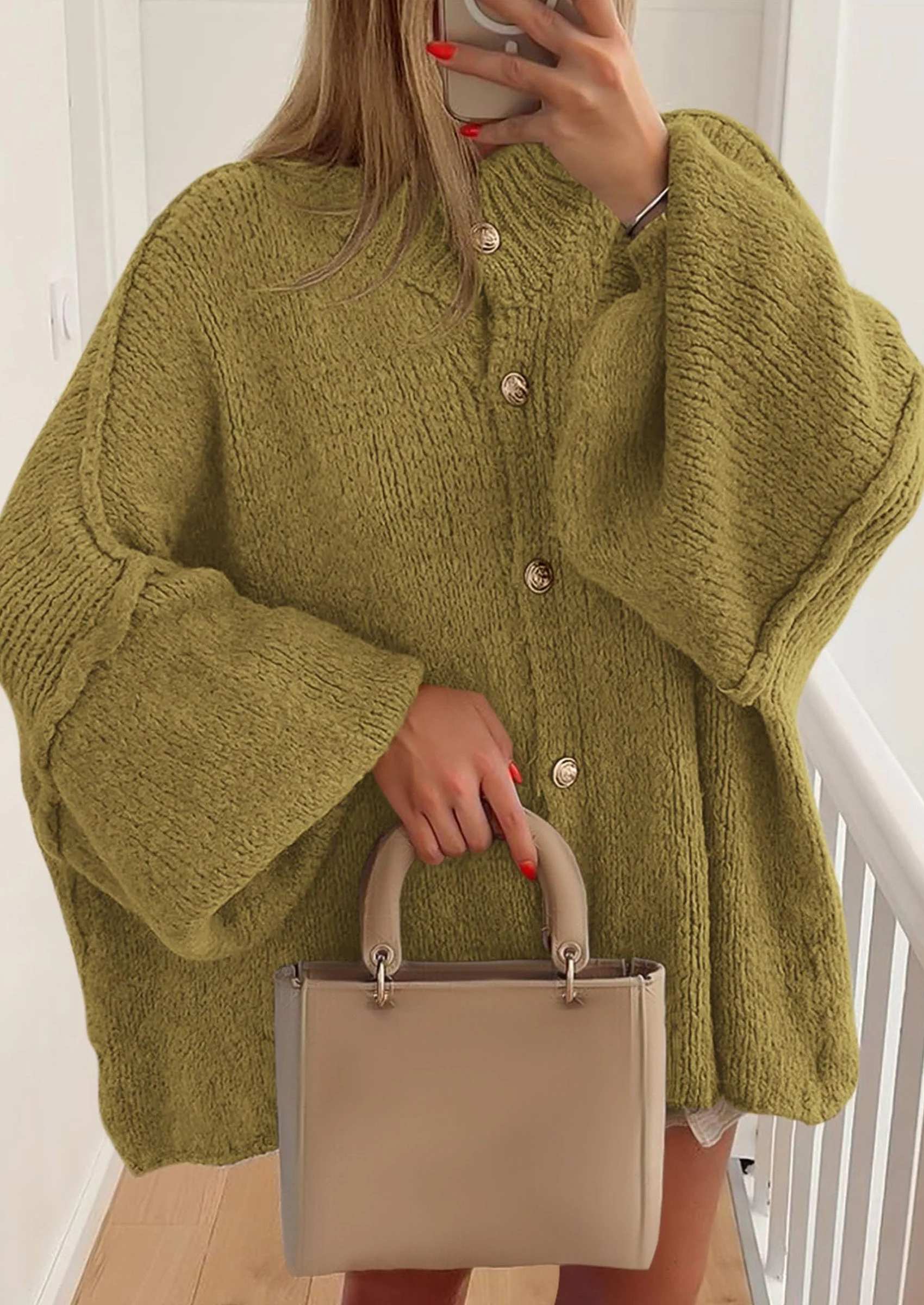 PRETTYGARDEN Women's Winter Button Down Cardigan Sweaters Mock Neck Lantern Long Sleeve Chunky Knit Jacket Trendy Outerwear - Image 68