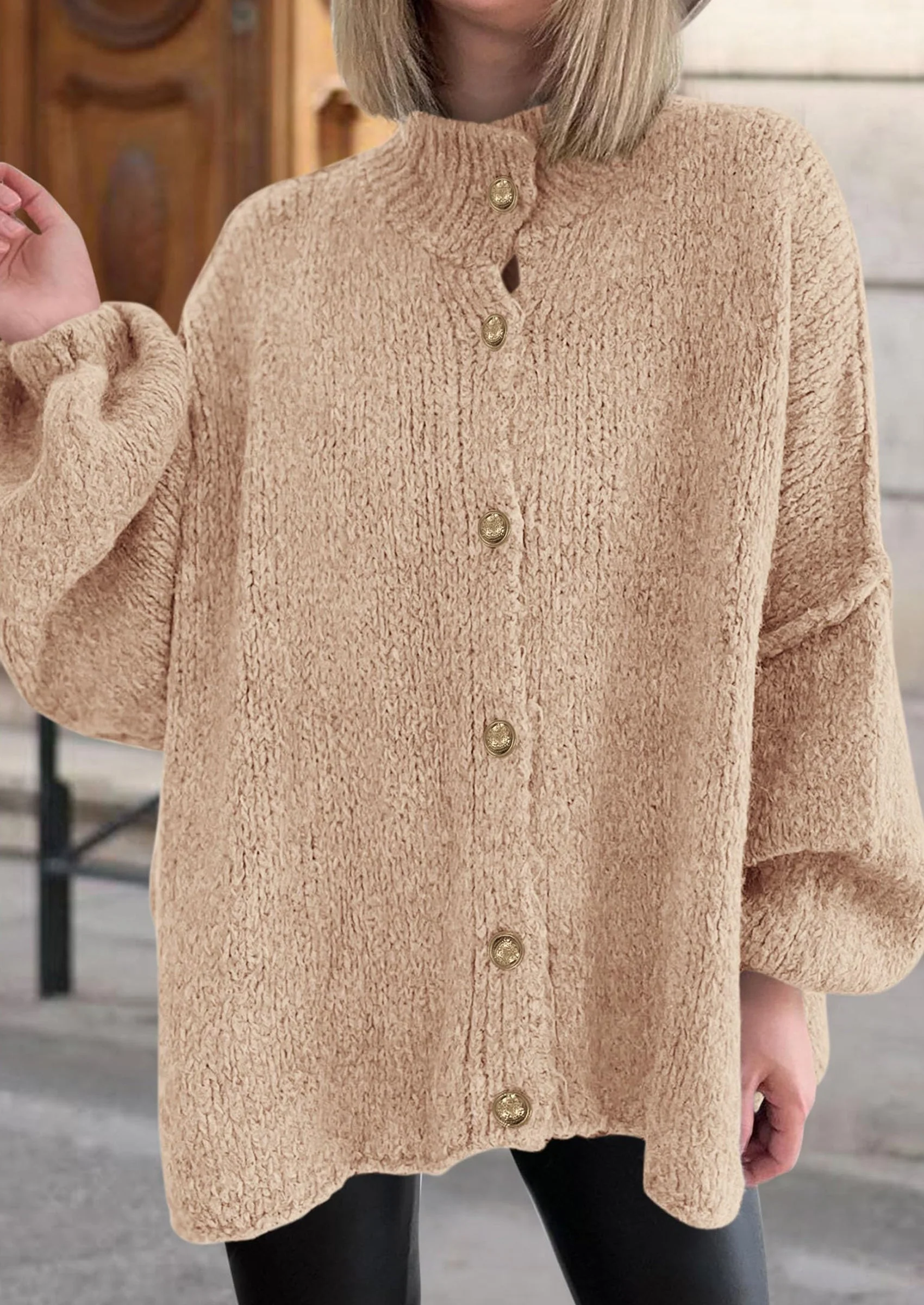 PRETTYGARDEN Women's Winter Button Down Cardigan Sweaters Mock Neck Lantern Long Sleeve Chunky Knit Jacket Trendy Outerwear - Image 7