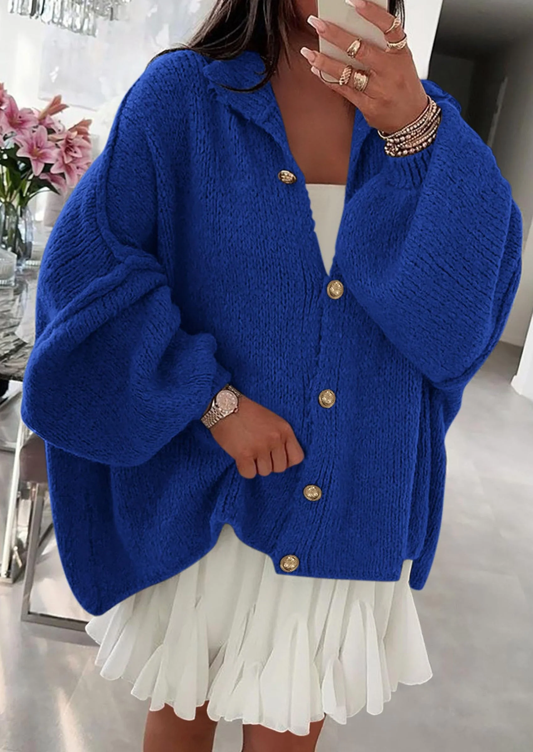 PRETTYGARDEN Women's Winter Button Down Cardigan Sweaters Mock Neck Lantern Long Sleeve Chunky Knit Jacket Trendy Outerwear - Image 70