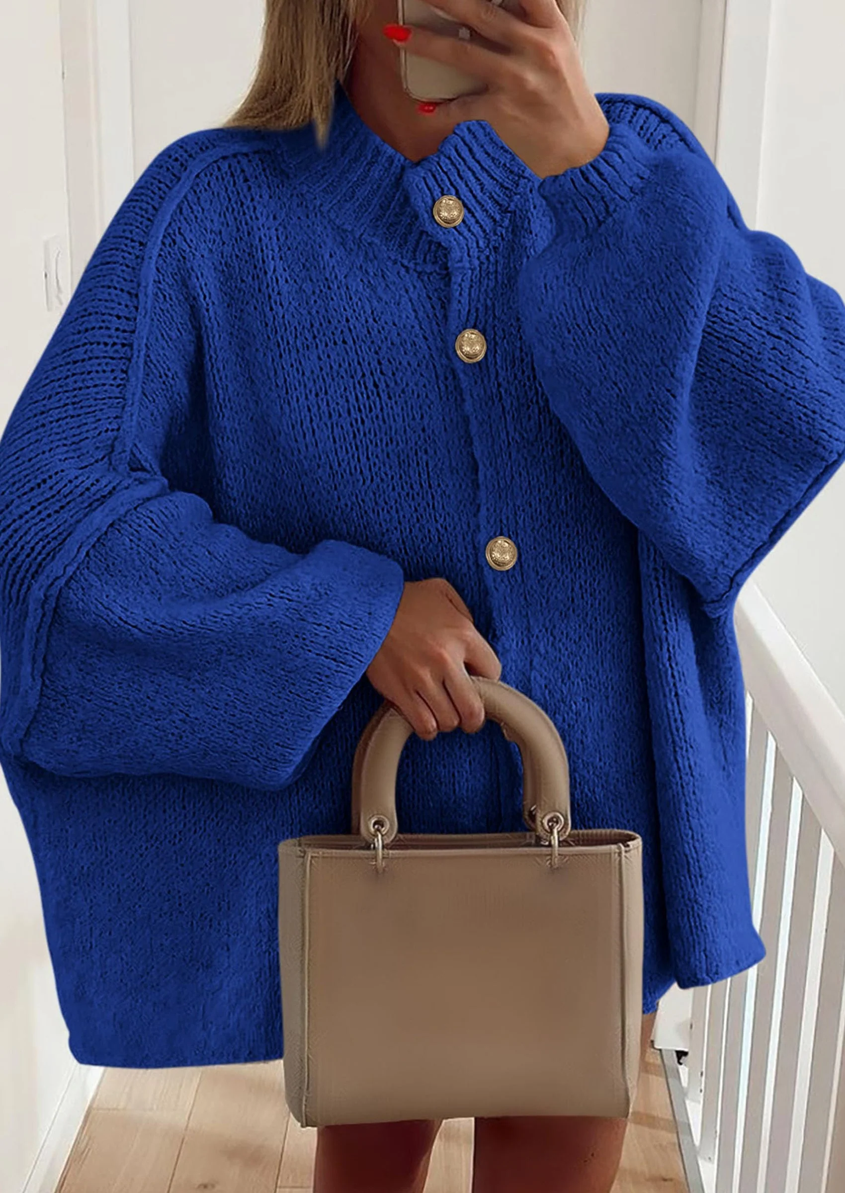 PRETTYGARDEN Women's Winter Button Down Cardigan Sweaters Mock Neck Lantern Long Sleeve Chunky Knit Jacket Trendy Outerwear - Image 71