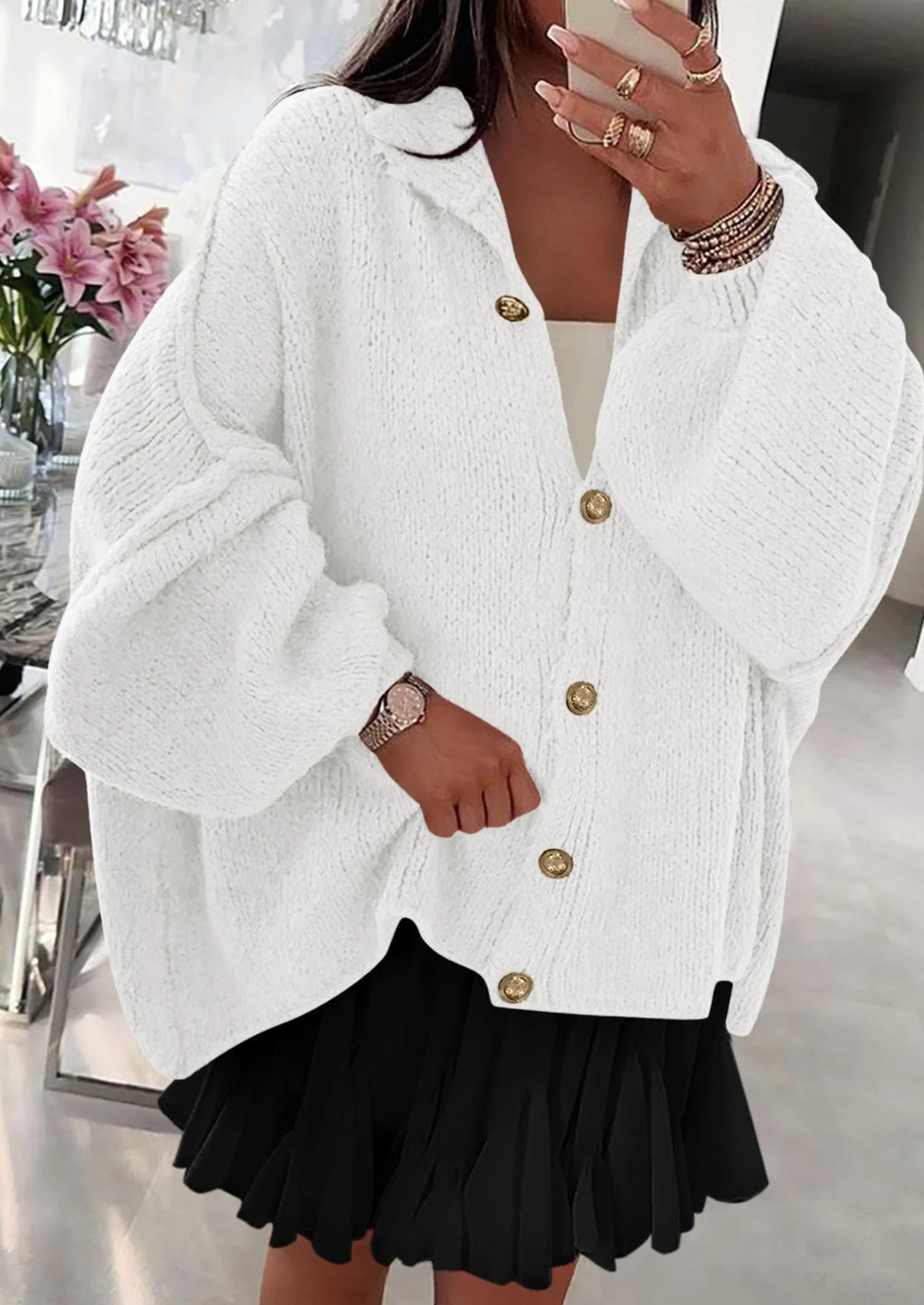 PRETTYGARDEN Women's Winter Button Down Cardigan Sweaters Mock Neck Lantern Long Sleeve Chunky Knit Jacket Trendy Outerwear - Image 75