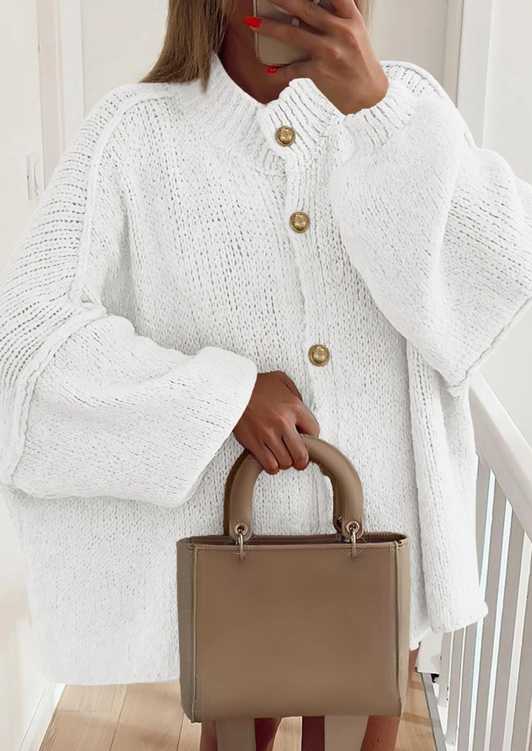 PRETTYGARDEN Women's Winter Button Down Cardigan Sweaters Mock Neck Lantern Long Sleeve Chunky Knit Jacket Trendy Outerwear - Image 78