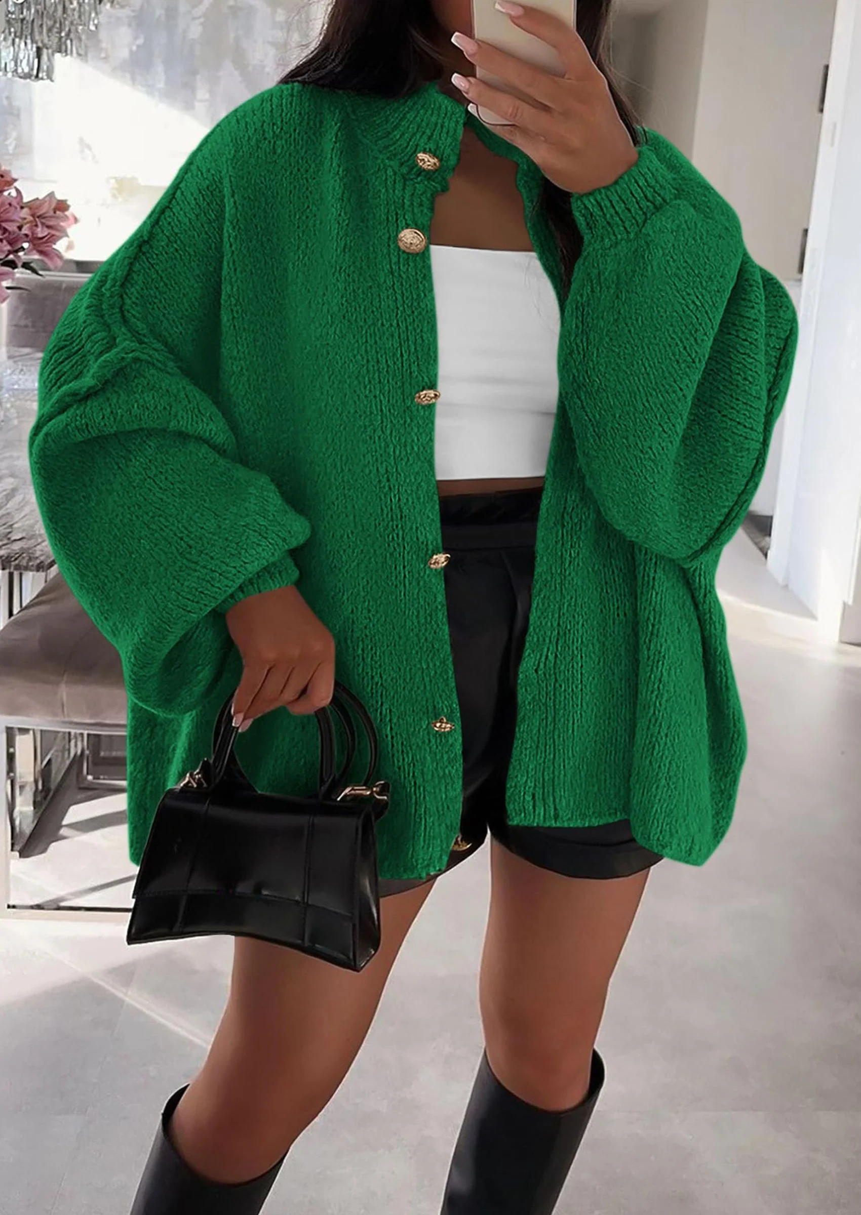 PRETTYGARDEN Women's Winter Button Down Cardigan Sweaters Mock Neck Lantern Long Sleeve Chunky Knit Jacket Trendy Outerwear - Image 80