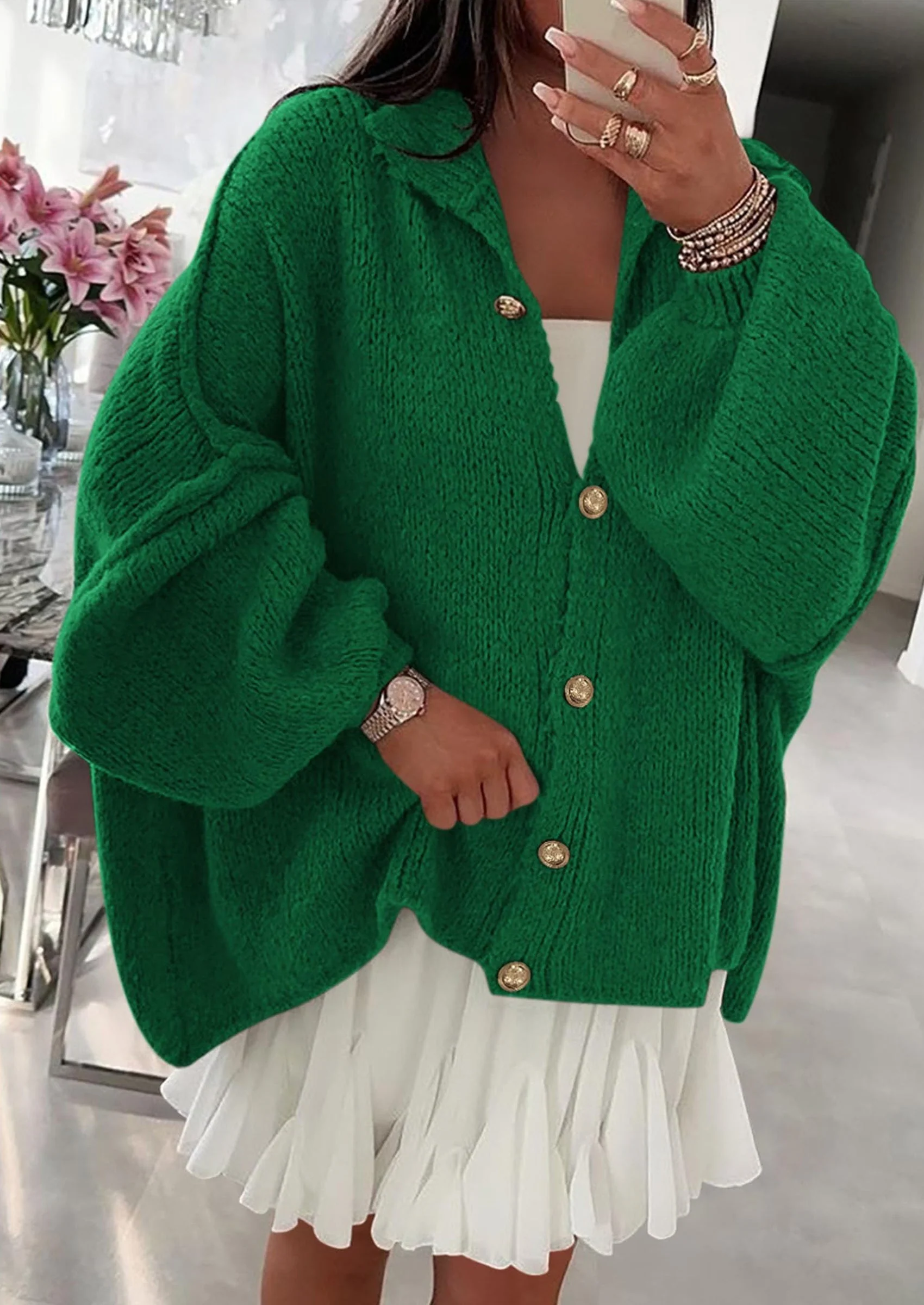 PRETTYGARDEN Women's Winter Button Down Cardigan Sweaters Mock Neck Lantern Long Sleeve Chunky Knit Jacket Trendy Outerwear - Image 82