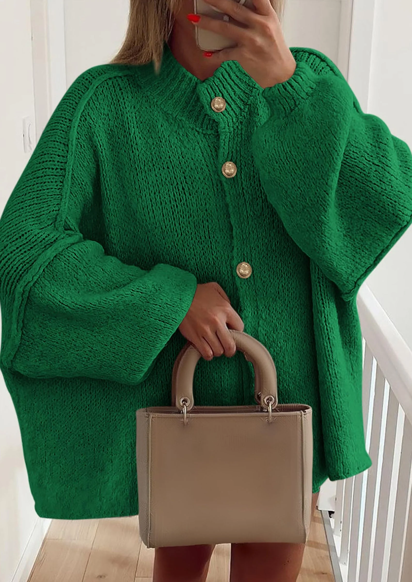 PRETTYGARDEN Women's Winter Button Down Cardigan Sweaters Mock Neck Lantern Long Sleeve Chunky Knit Jacket Trendy Outerwear - Image 85