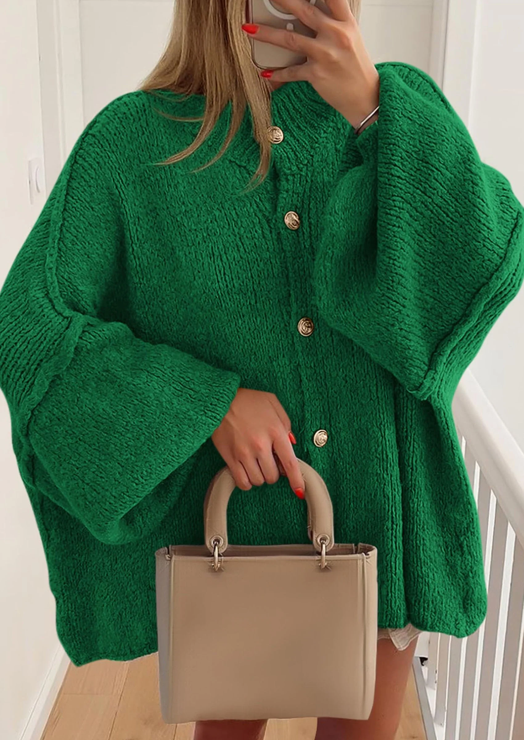 PRETTYGARDEN Women's Winter Button Down Cardigan Sweaters Mock Neck Lantern Long Sleeve Chunky Knit Jacket Trendy Outerwear - Image 86