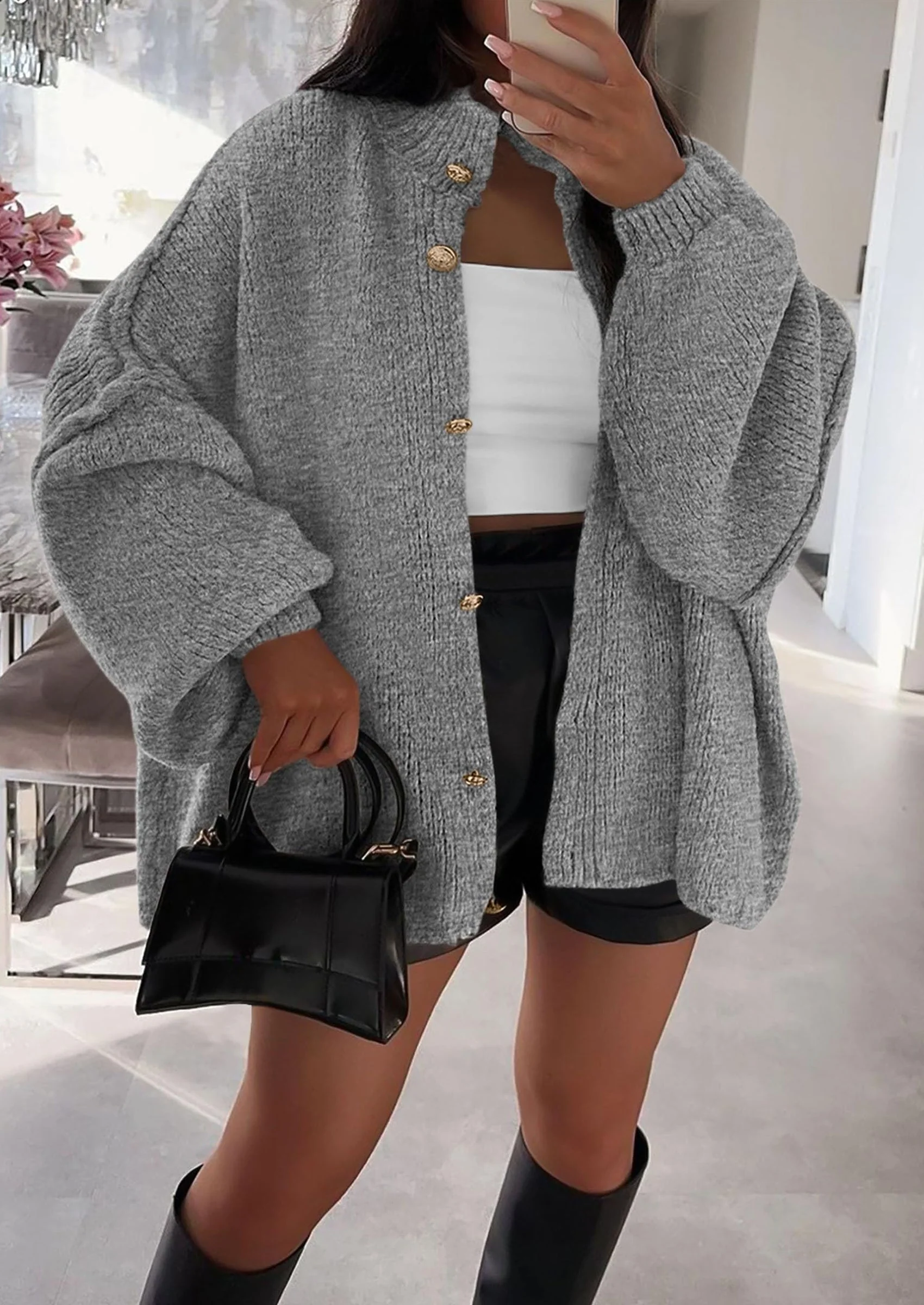 PRETTYGARDEN Women's Winter Button Down Cardigan Sweaters Mock Neck Lantern Long Sleeve Chunky Knit Jacket Trendy Outerwear - Image 87