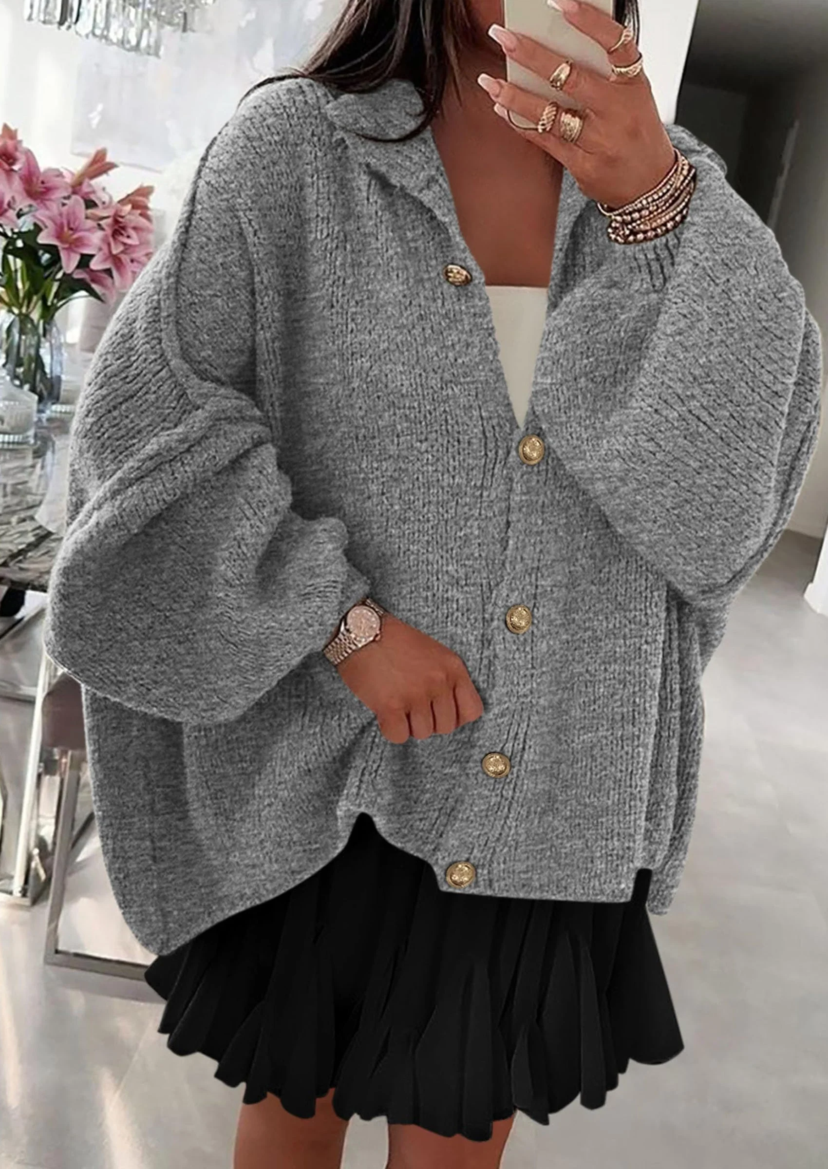 PRETTYGARDEN Women's Winter Button Down Cardigan Sweaters Mock Neck Lantern Long Sleeve Chunky Knit Jacket Trendy Outerwear - Image 89