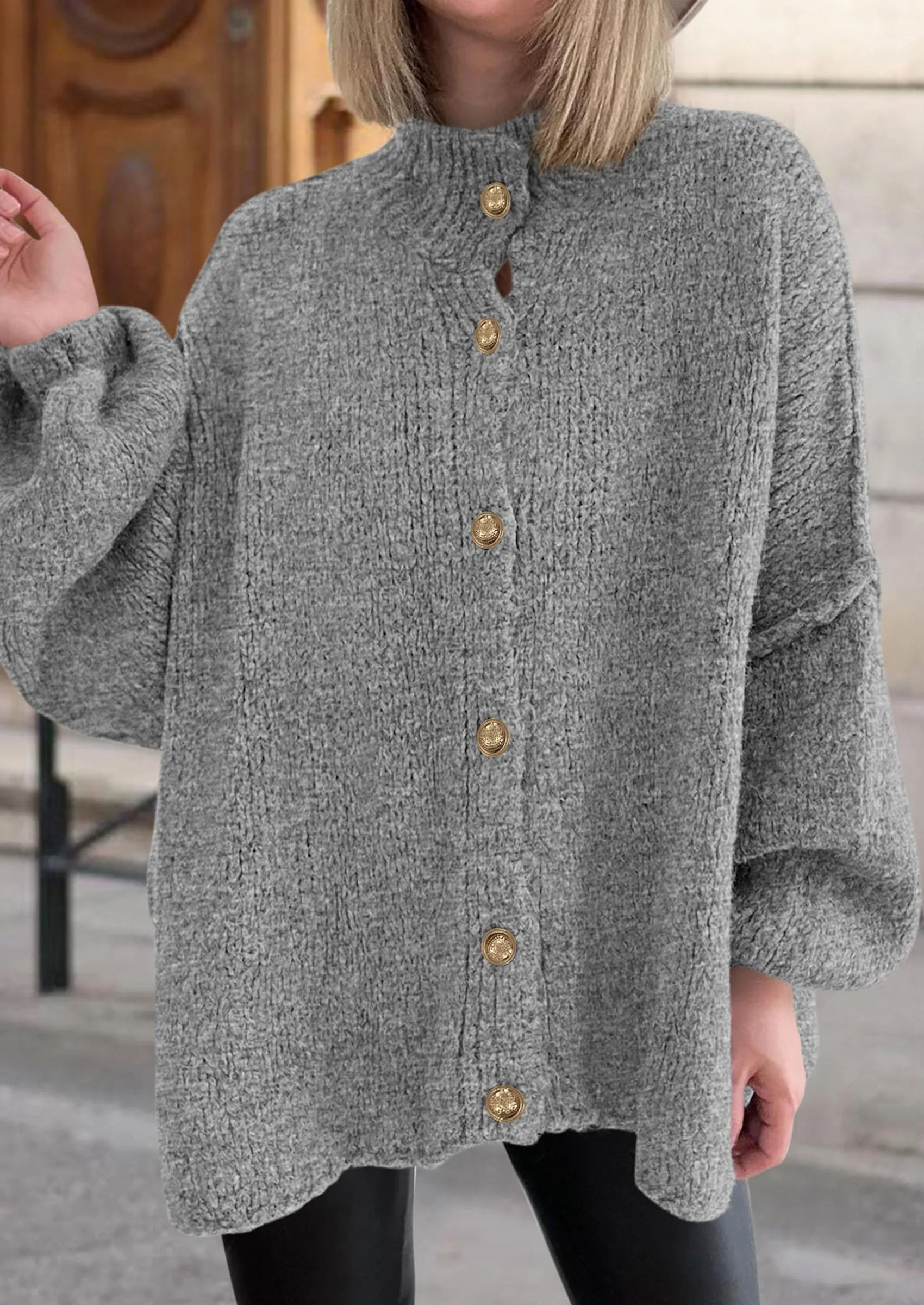 PRETTYGARDEN Women's Winter Button Down Cardigan Sweaters Mock Neck Lantern Long Sleeve Chunky Knit Jacket Trendy Outerwear - Image 92