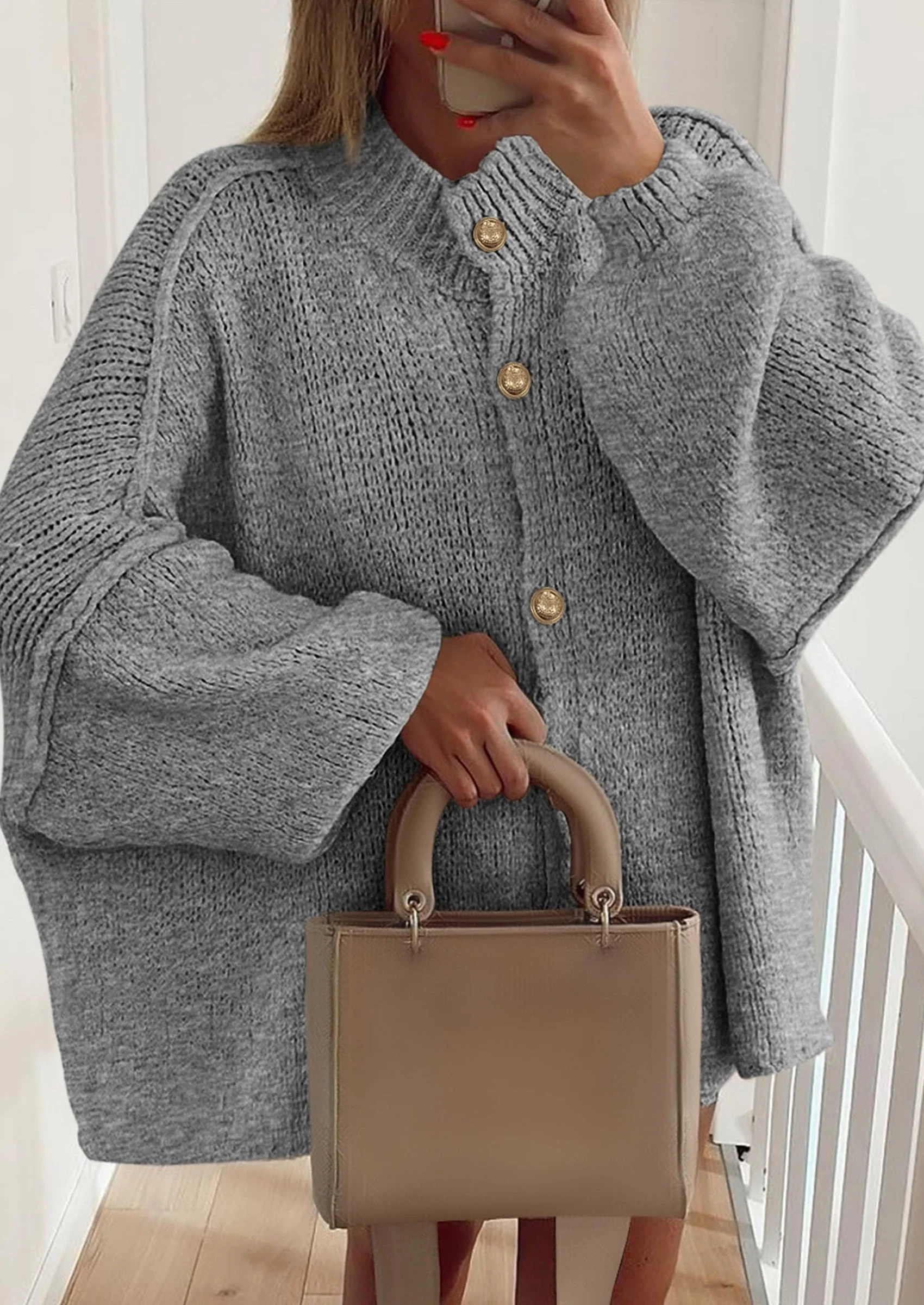 PRETTYGARDEN Women's Winter Button Down Cardigan Sweaters Mock Neck Lantern Long Sleeve Chunky Knit Jacket Trendy Outerwear - Image 93