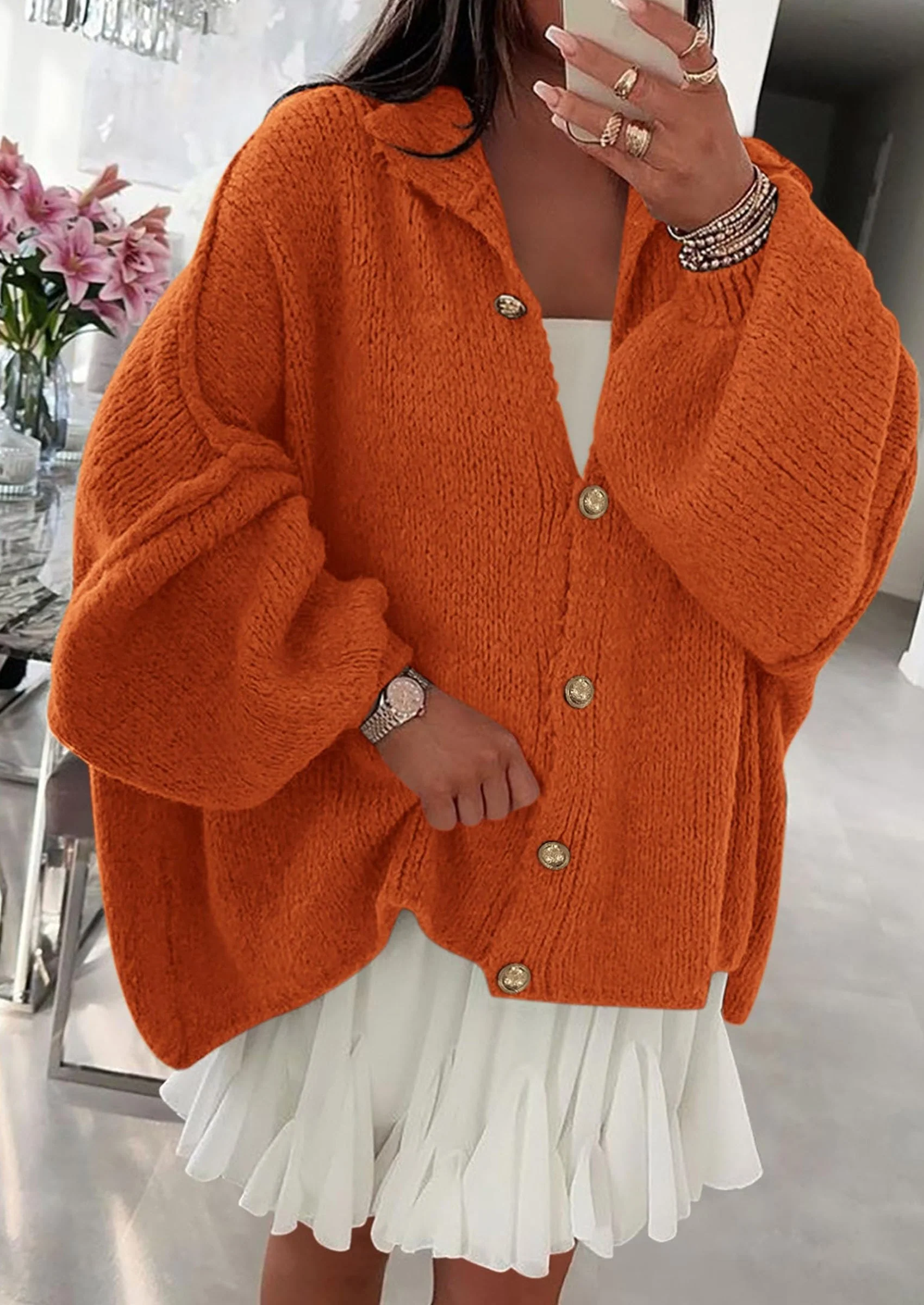 PRETTYGARDEN Women's Winter Button Down Cardigan Sweaters Mock Neck Lantern Long Sleeve Chunky Knit Jacket Trendy Outerwear - Image 95