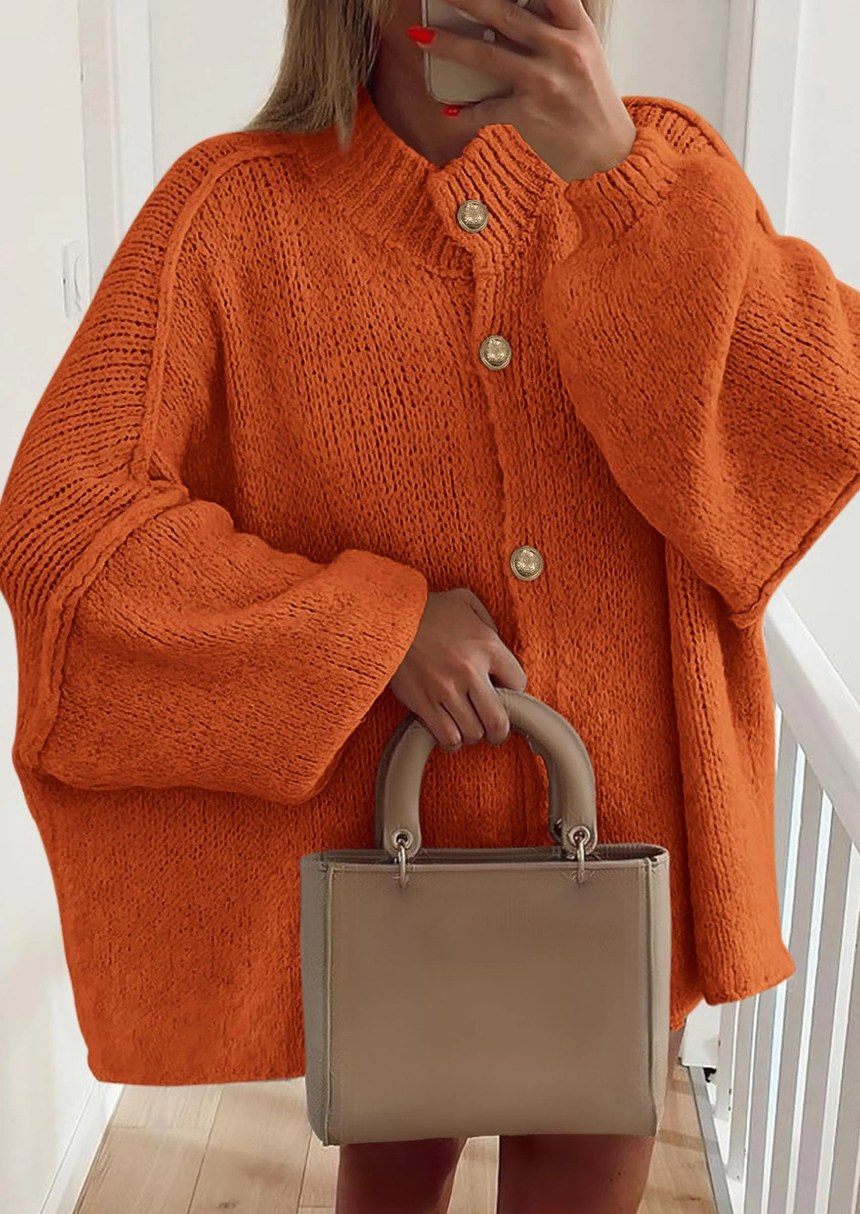 PRETTYGARDEN Women's Winter Button Down Cardigan Sweaters Mock Neck Lantern Long Sleeve Chunky Knit Jacket Trendy Outerwear - Image 96