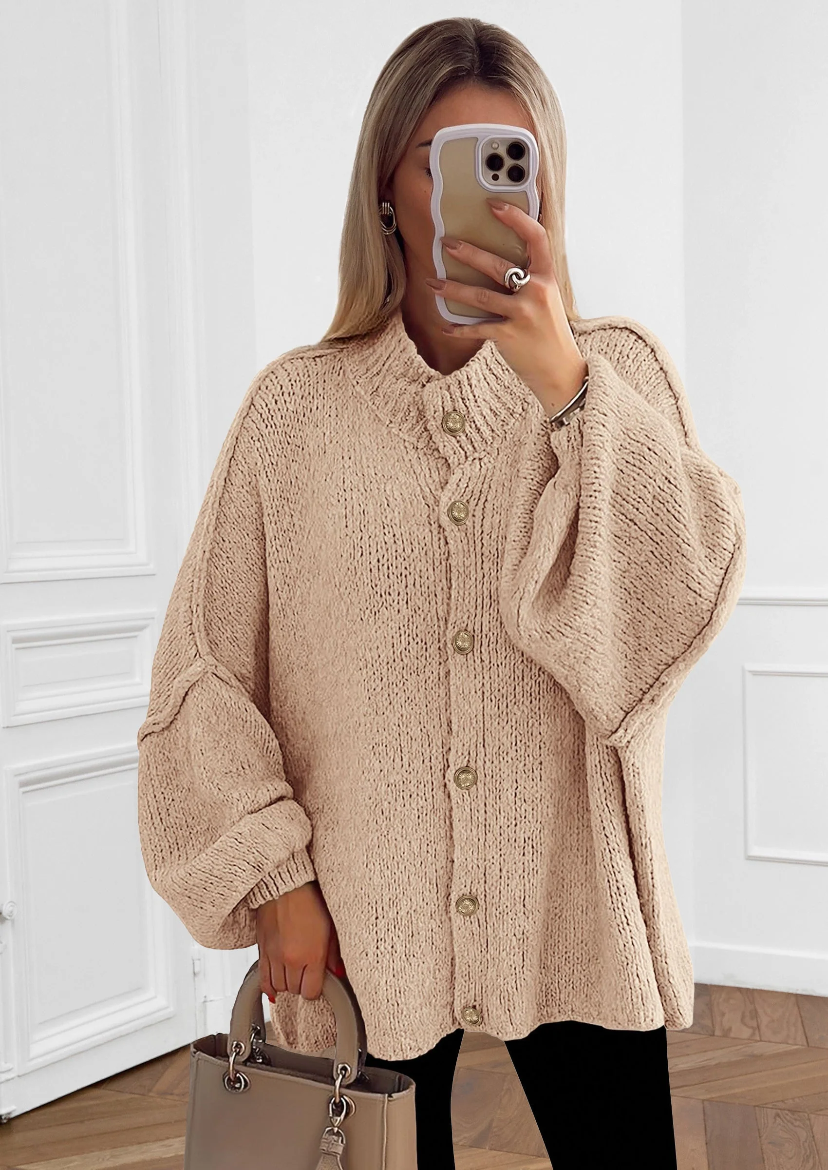 PRETTYGARDEN Women's Winter Button Down Cardigan Sweaters Mock Neck Lantern Long Sleeve Chunky Knit Jacket Trendy Outerwear - Image 98