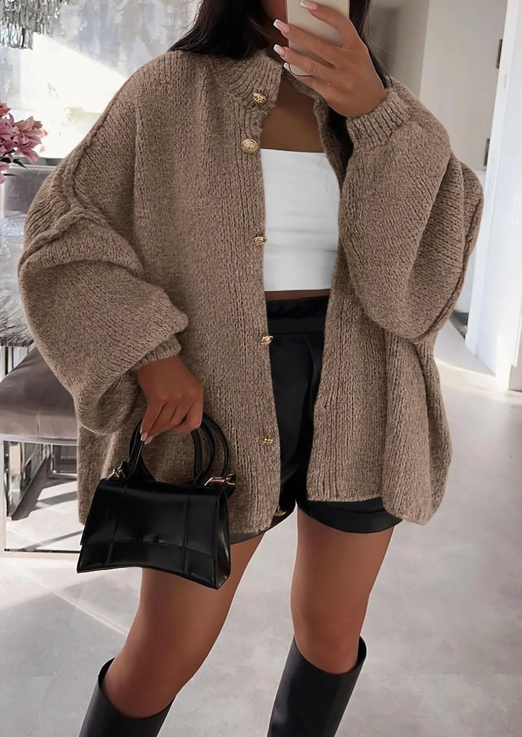 PRETTYGARDEN Women's Winter Button Down Cardigan Sweaters Mock Neck Lantern Long Sleeve Chunky Knit Jacket Trendy Outerwear - Image 99