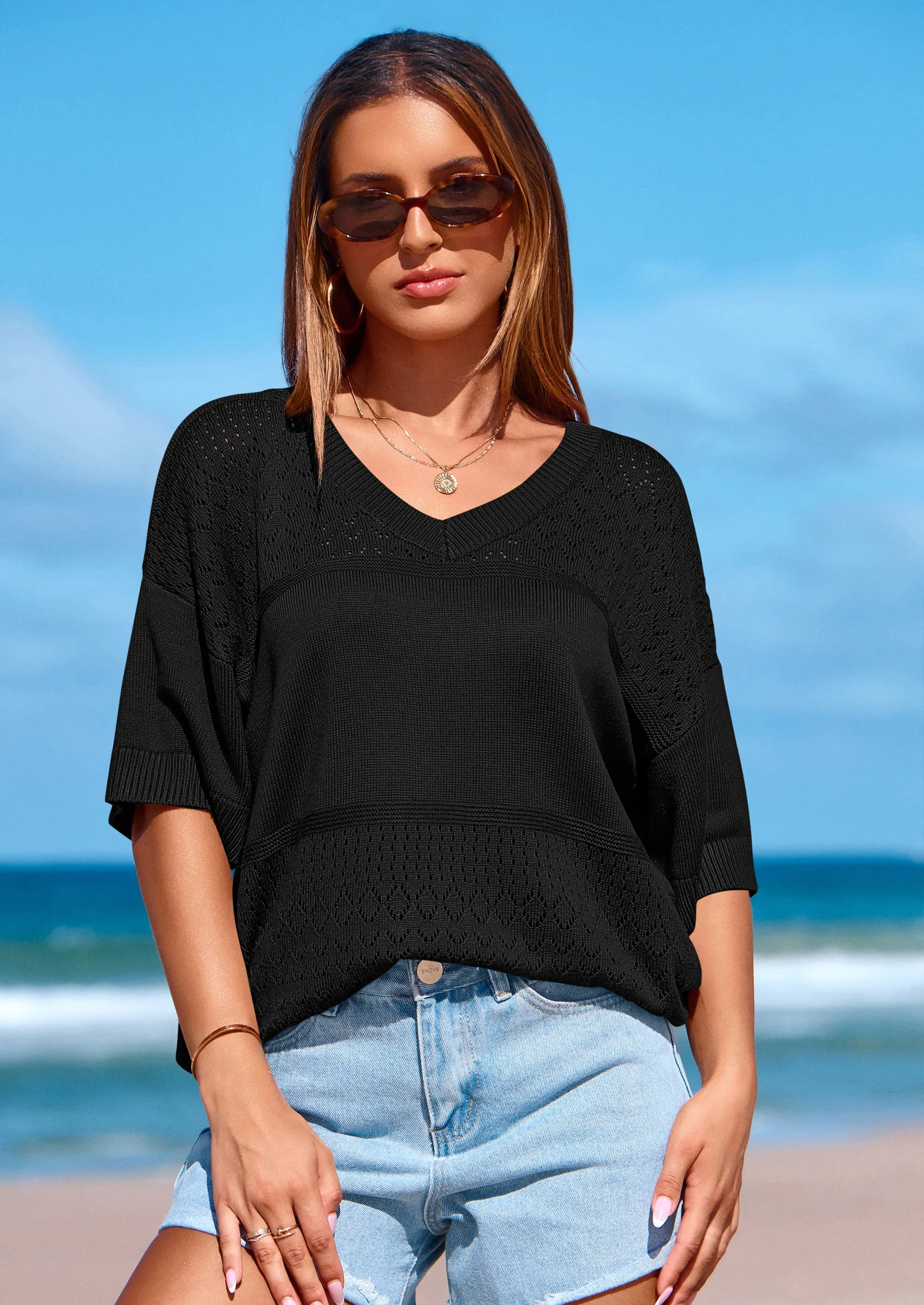 PRETTYGARDEN Women's Short Sleeve Sweater Tops Spring Summer Casual V Neck Ribbed Knit Trendy Eyelet Blouse T Shirts - Image 12