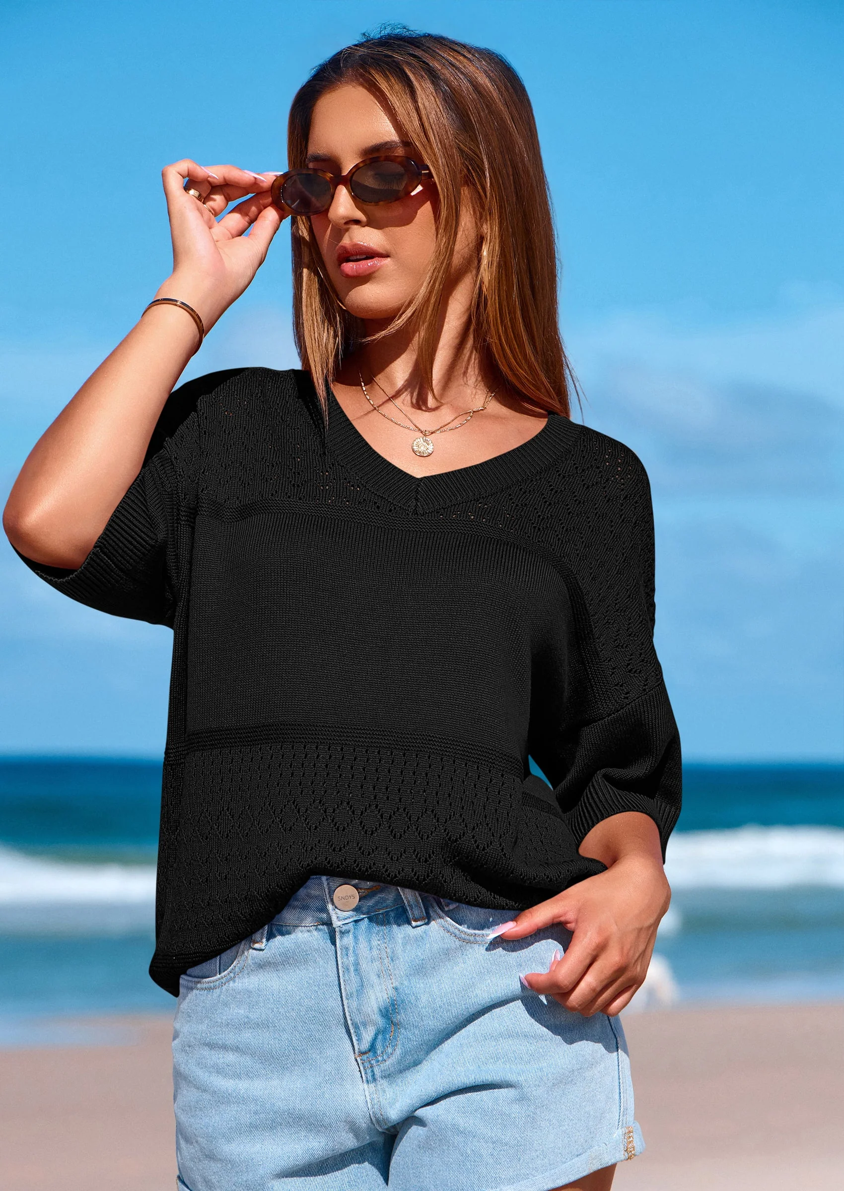 PRETTYGARDEN Women's Short Sleeve Sweater Tops Spring Summer Casual V Neck Ribbed Knit Trendy Eyelet Blouse T Shirts - Image 13