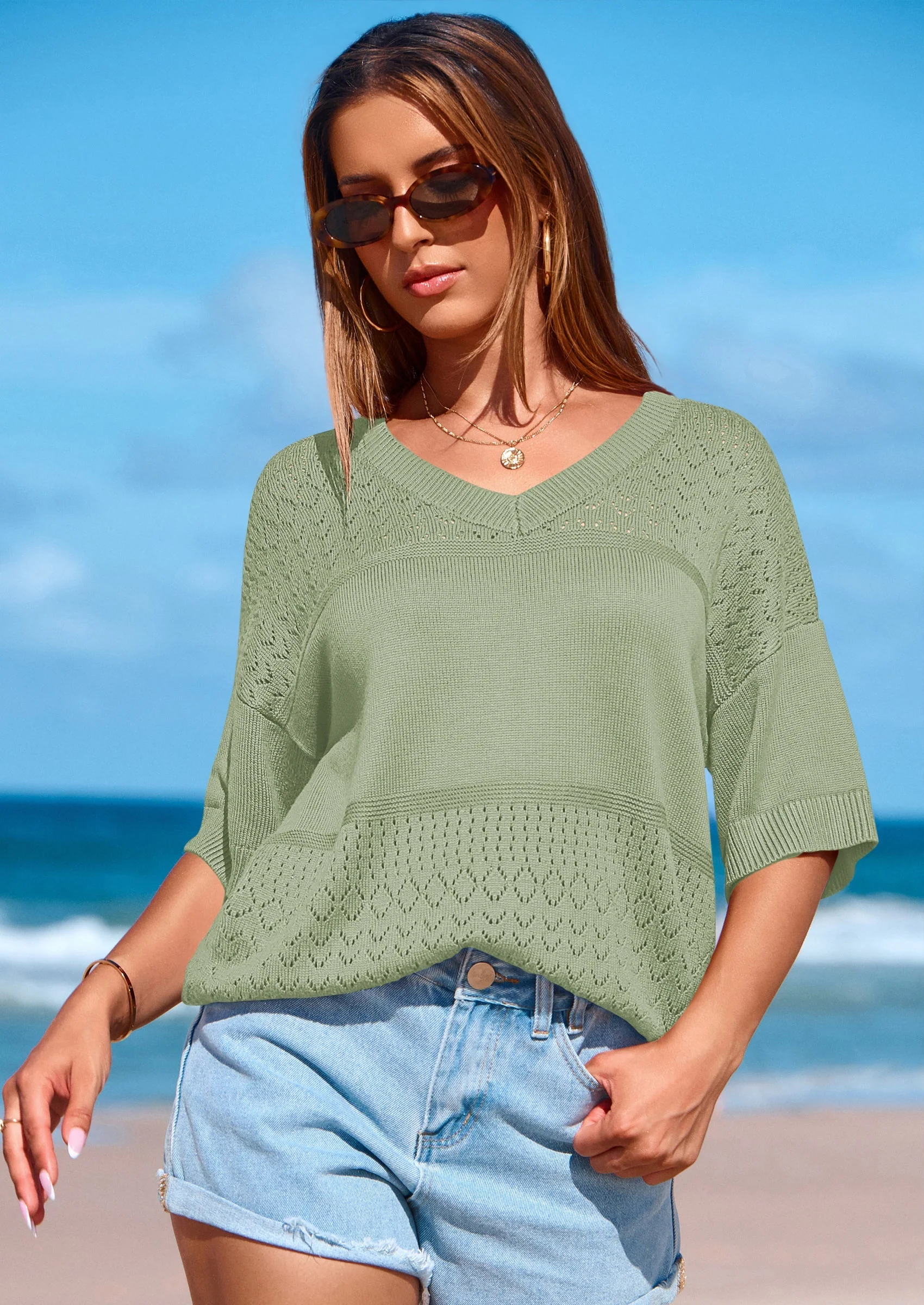 PRETTYGARDEN Women's Short Sleeve Sweater Tops Spring Summer Casual V Neck Ribbed Knit Trendy Eyelet Blouse T Shirts - Image 30