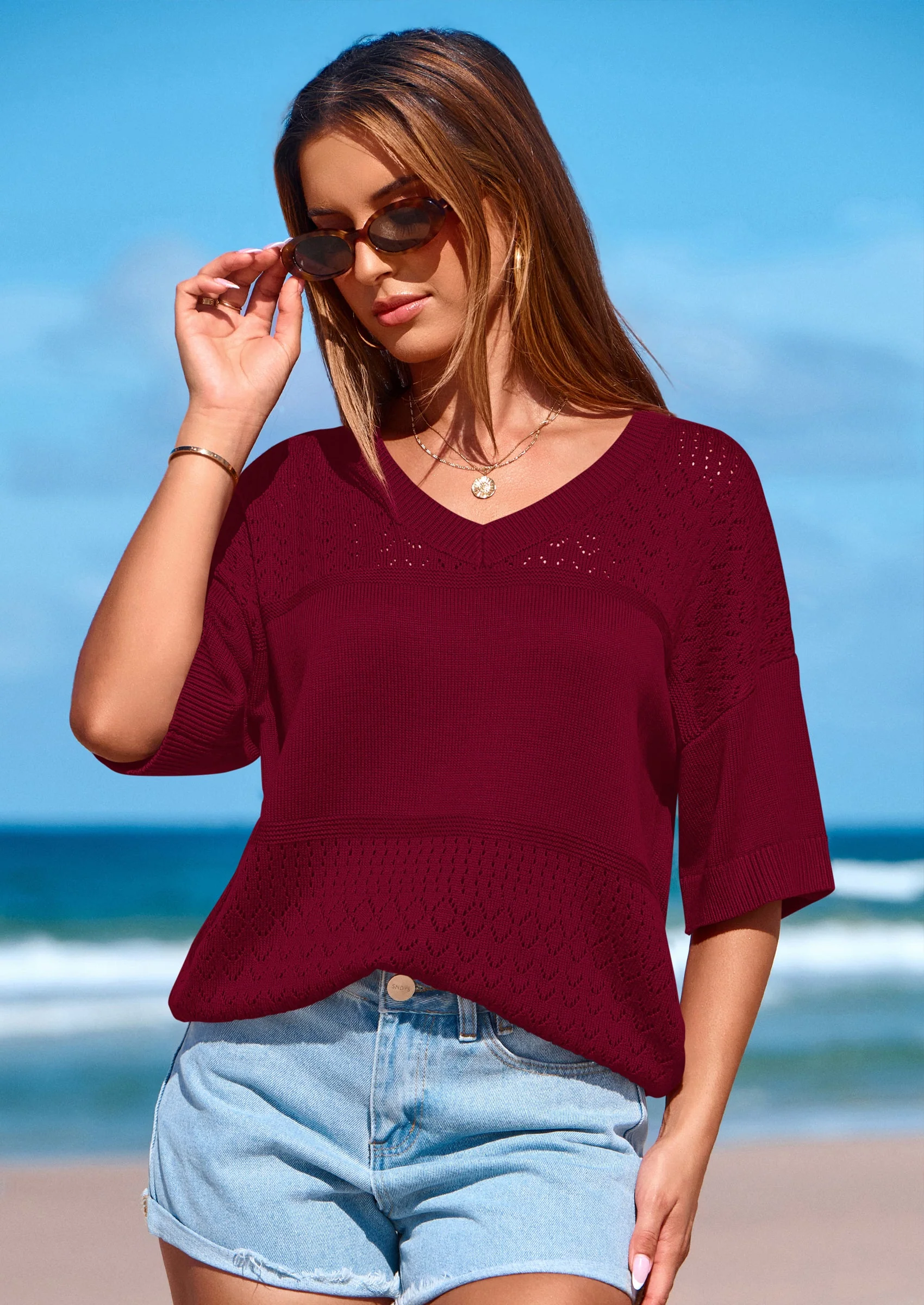 PRETTYGARDEN Women's Short Sleeve Sweater Tops Spring Summer Casual V Neck Ribbed Knit Trendy Eyelet Blouse T Shirts - Image 32