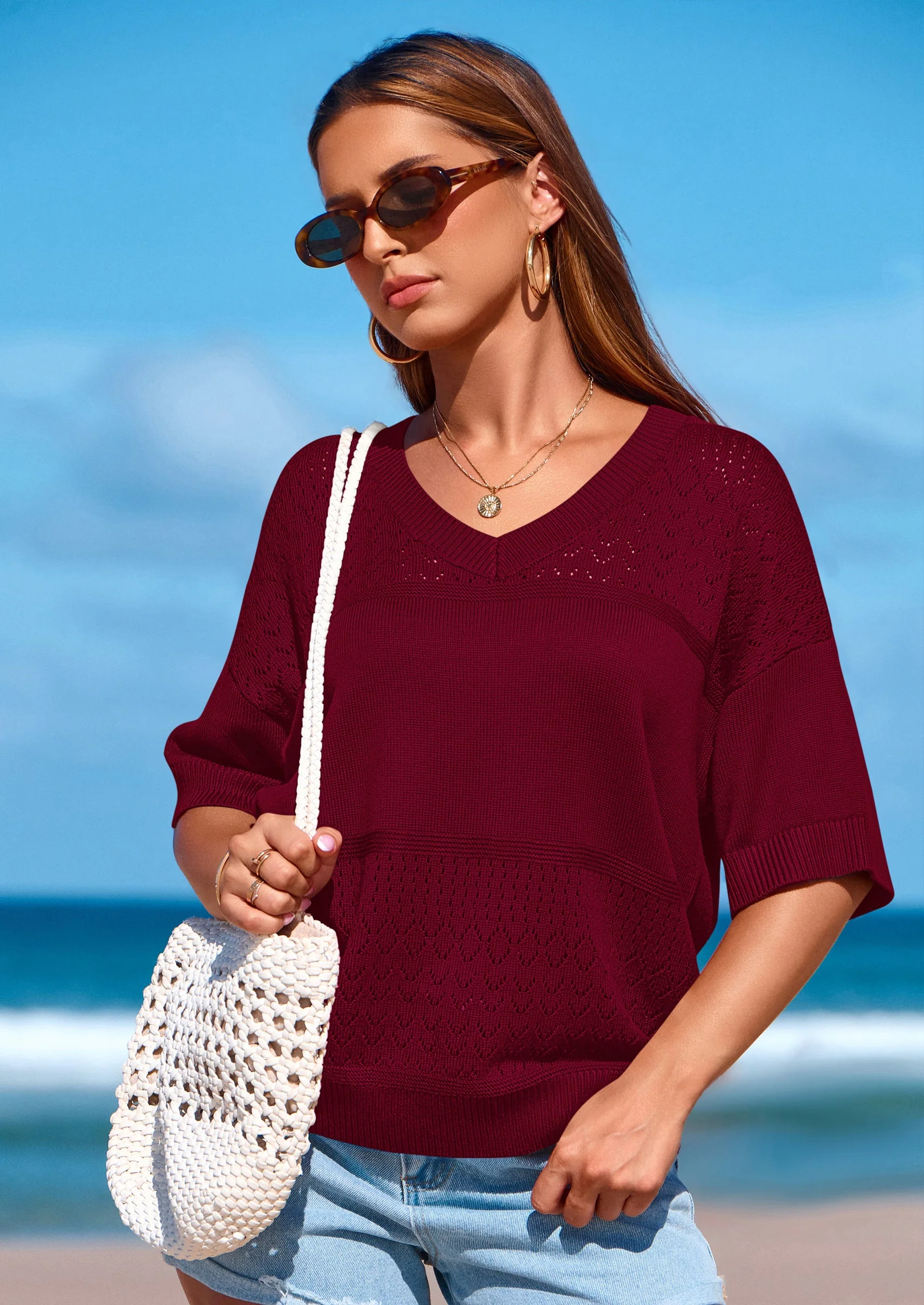 PRETTYGARDEN Women's Short Sleeve Sweater Tops Spring Summer Casual V Neck Ribbed Knit Trendy Eyelet Blouse T Shirts - Image 34