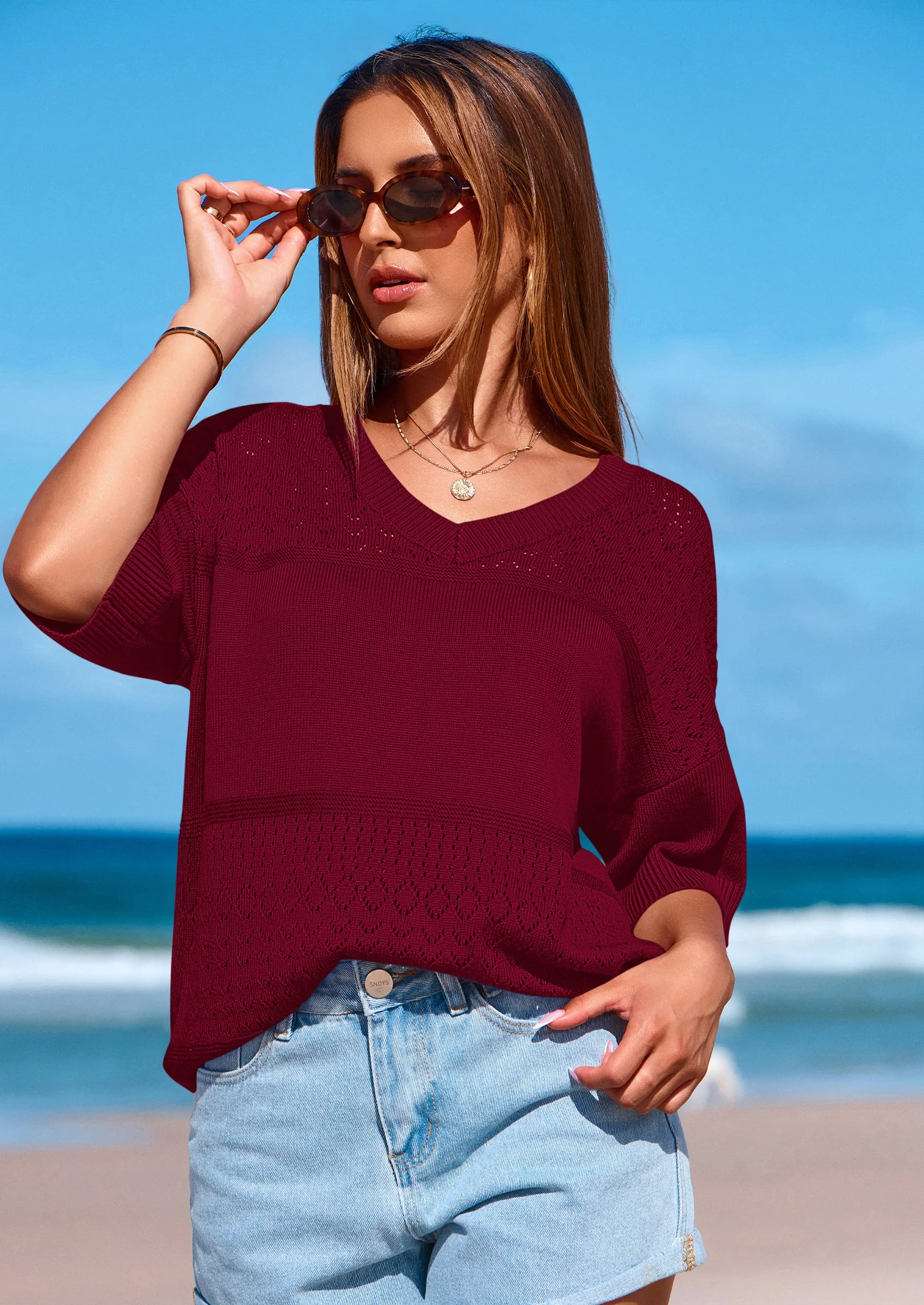 PRETTYGARDEN Women's Short Sleeve Sweater Tops Spring Summer Casual V Neck Ribbed Knit Trendy Eyelet Blouse T Shirts - Image 35