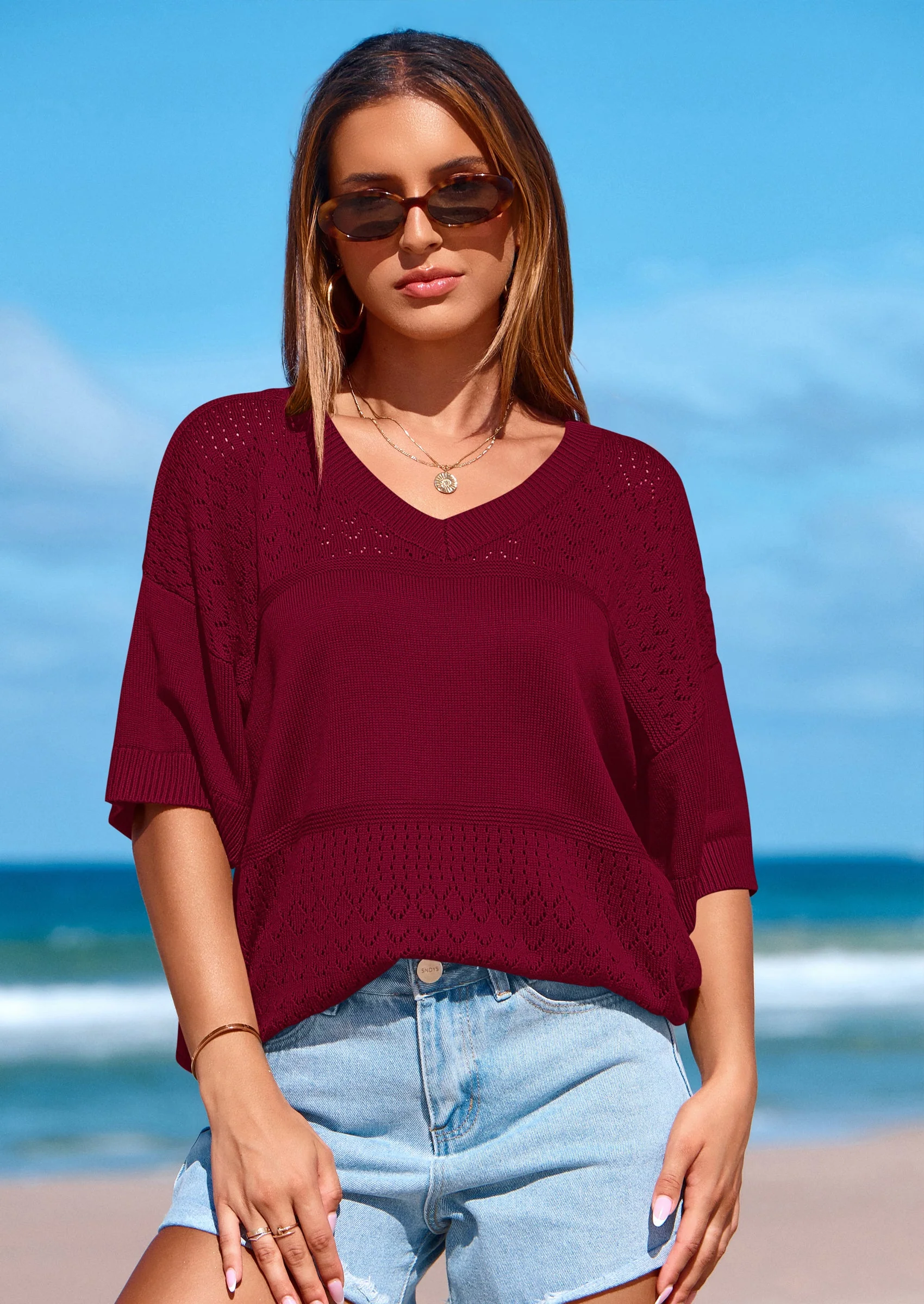 PRETTYGARDEN Women's Short Sleeve Sweater Tops Spring Summer Casual V Neck Ribbed Knit Trendy Eyelet Blouse T Shirts - Image 36