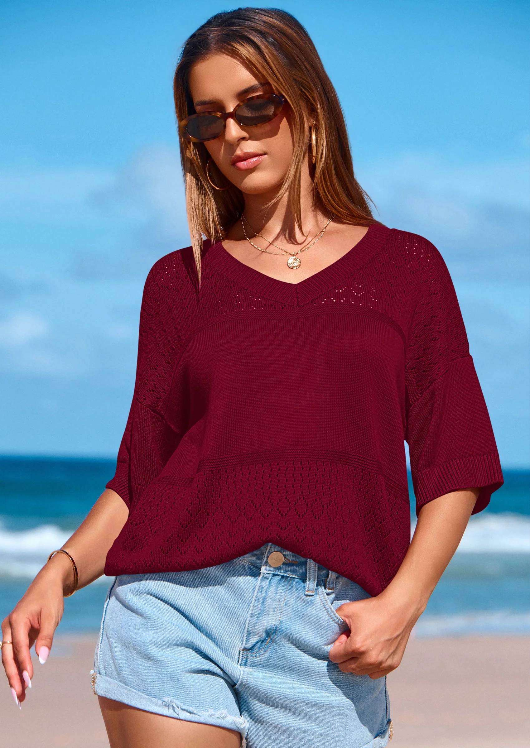 PRETTYGARDEN Women's Short Sleeve Sweater Tops Spring Summer Casual V Neck Ribbed Knit Trendy Eyelet Blouse T Shirts - Image 37