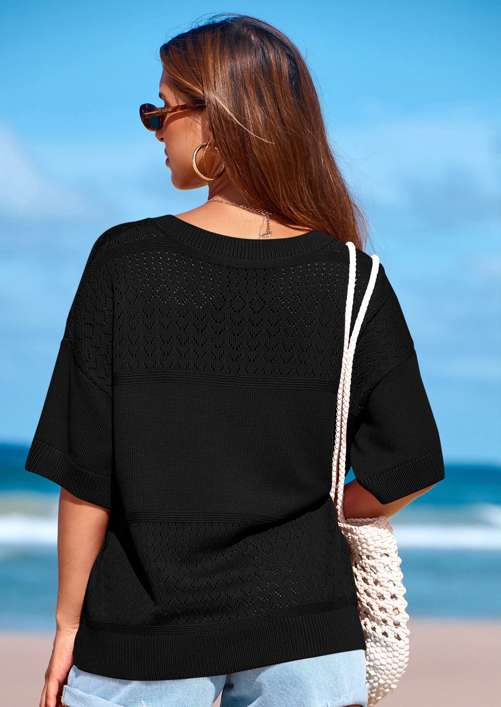 PRETTYGARDEN Women's Short Sleeve Sweater Tops Spring Summer Casual V Neck Ribbed Knit Trendy Eyelet Blouse T Shirts - Image 9