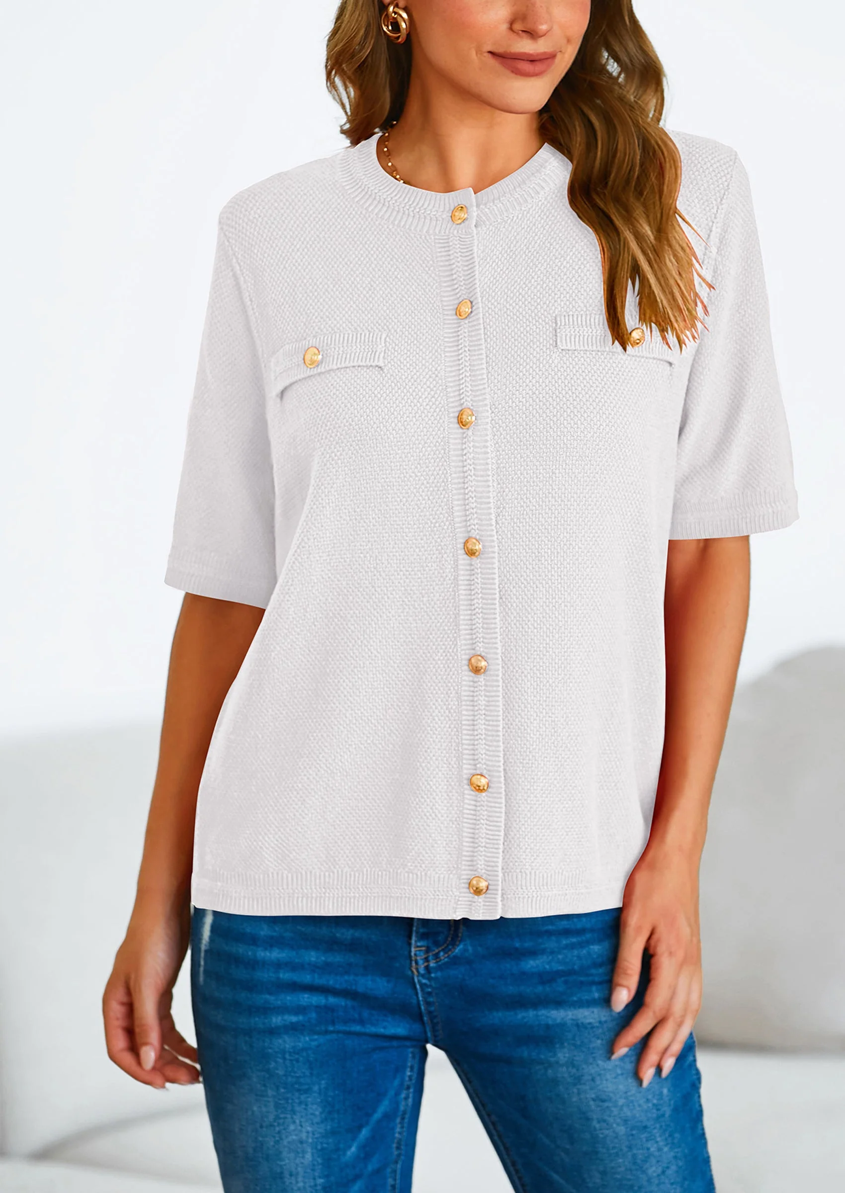 PRETTYGARDEN Women's Summer Button Down Shirts Casual Short Sleeve Crew Neck Ribbed Knit Blouse Top Cardigans - Image 10