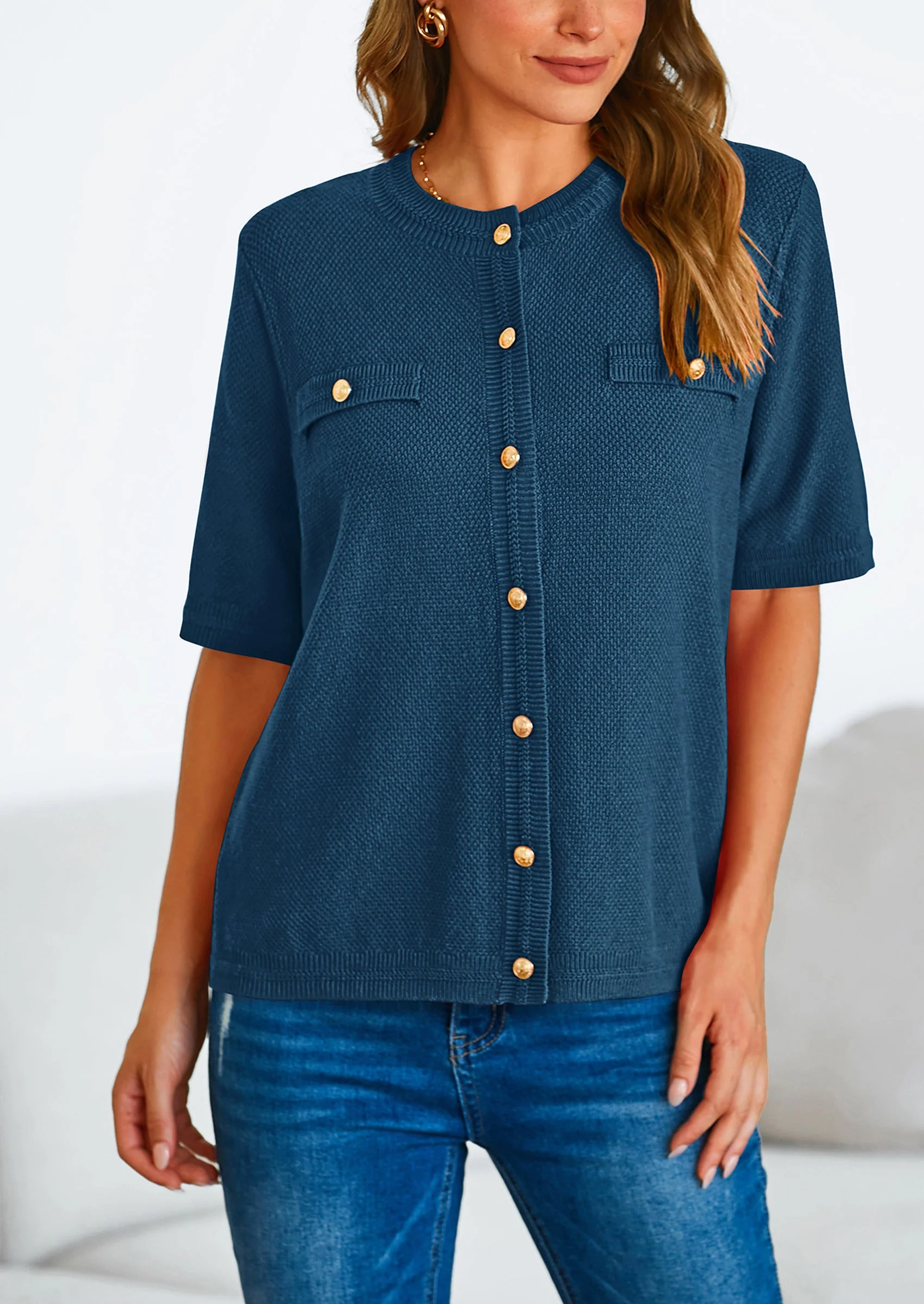 PRETTYGARDEN Women's Summer Button Down Shirts Casual Short Sleeve Crew Neck Ribbed Knit Blouse Top Cardigans - Image 17