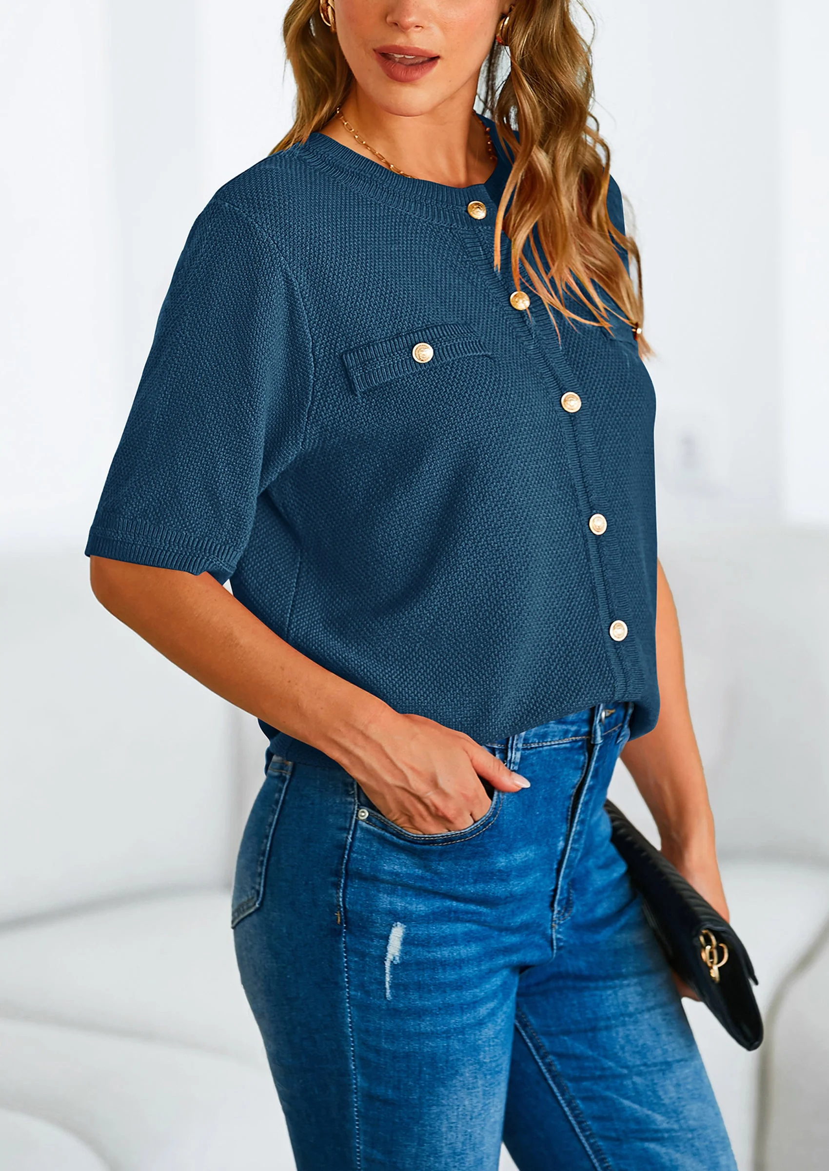 PRETTYGARDEN Women's Summer Button Down Shirts Casual Short Sleeve Crew Neck Ribbed Knit Blouse Top Cardigans - Image 18