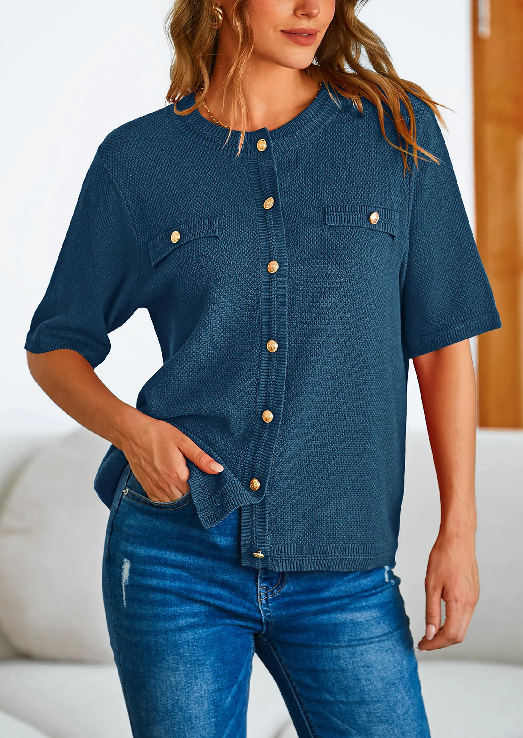 PRETTYGARDEN Women's Summer Button Down Shirts Casual Short Sleeve Crew Neck Ribbed Knit Blouse Top Cardigans - Image 19