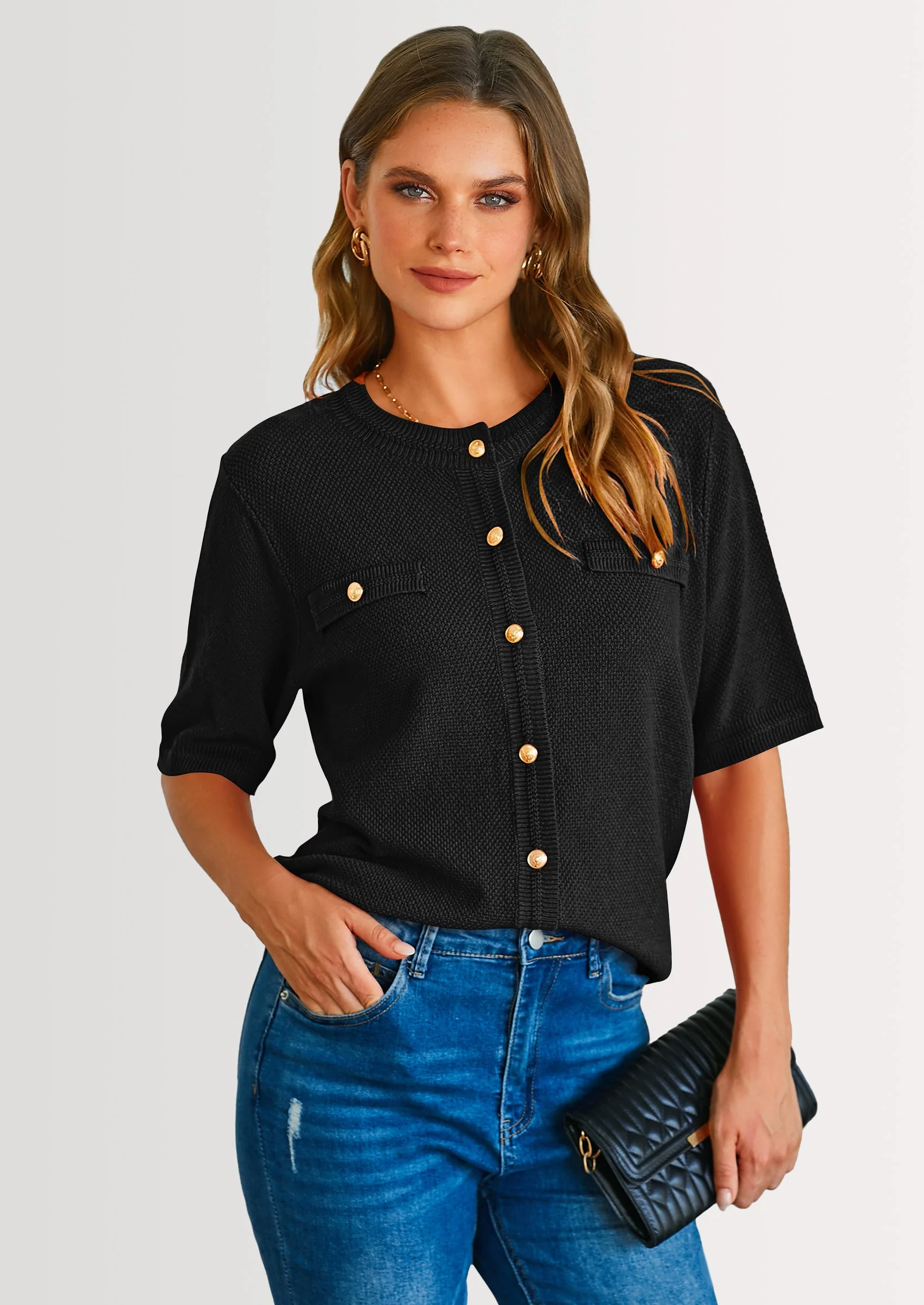 PRETTYGARDEN Women's Summer Button Down Shirts Casual Short Sleeve Crew Neck Ribbed Knit Blouse Top Cardigans - Image 26