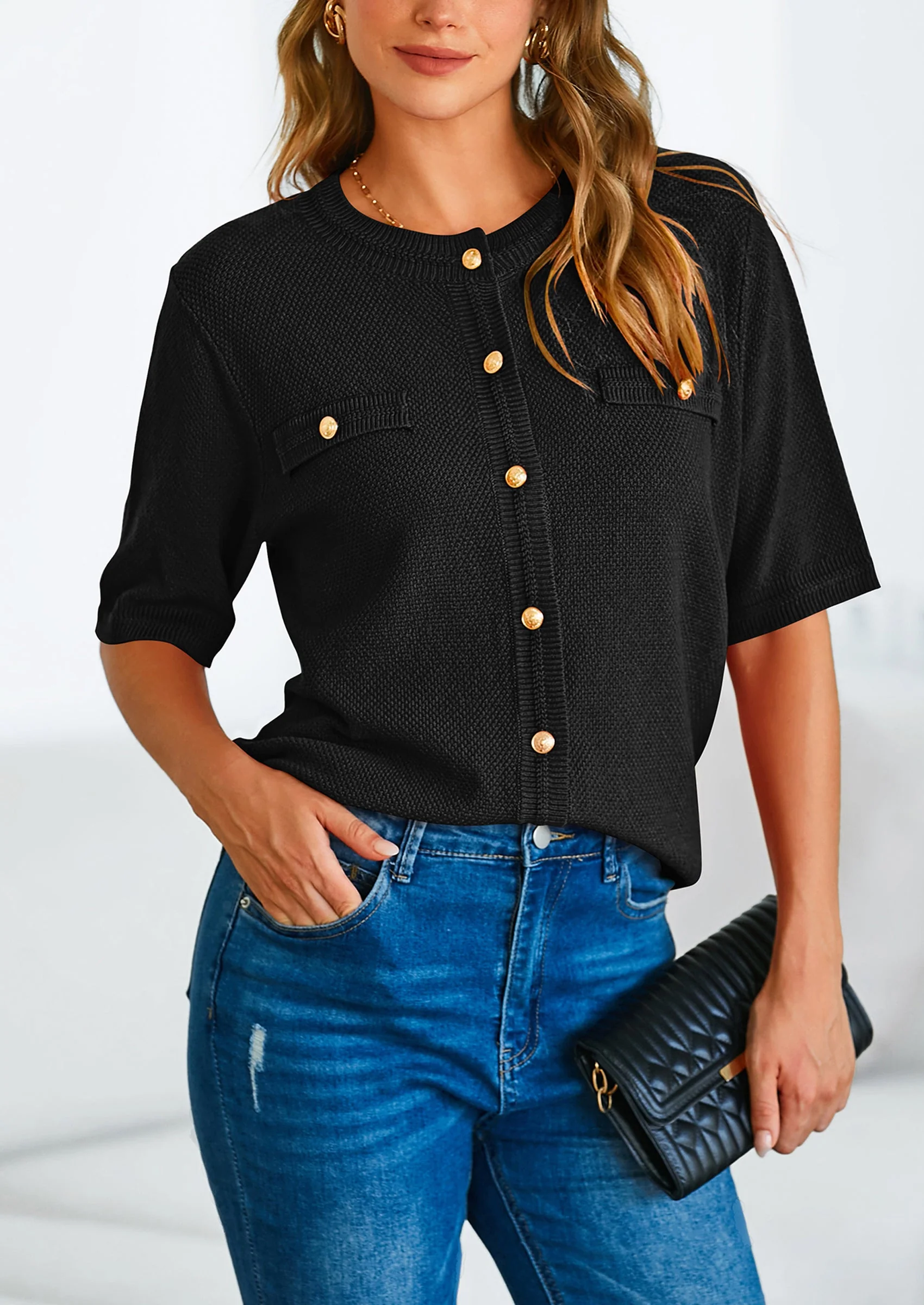 PRETTYGARDEN Women's Summer Button Down Shirts Casual Short Sleeve Crew Neck Ribbed Knit Blouse Top Cardigans - Image 28