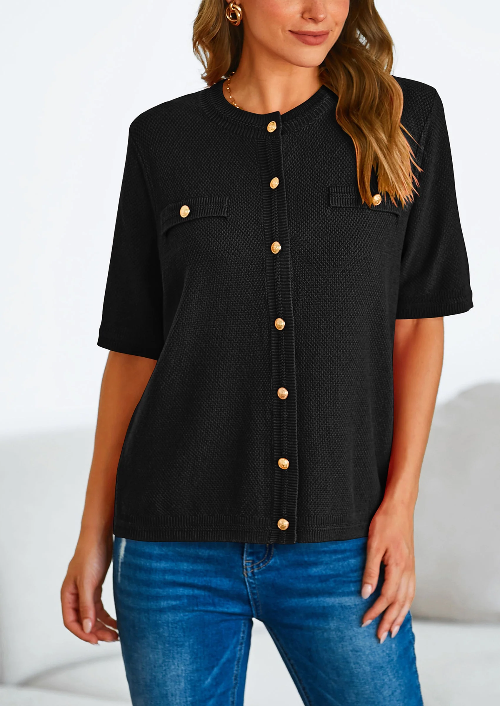 PRETTYGARDEN Women's Summer Button Down Shirts Casual Short Sleeve Crew Neck Ribbed Knit Blouse Top Cardigans - Image 29