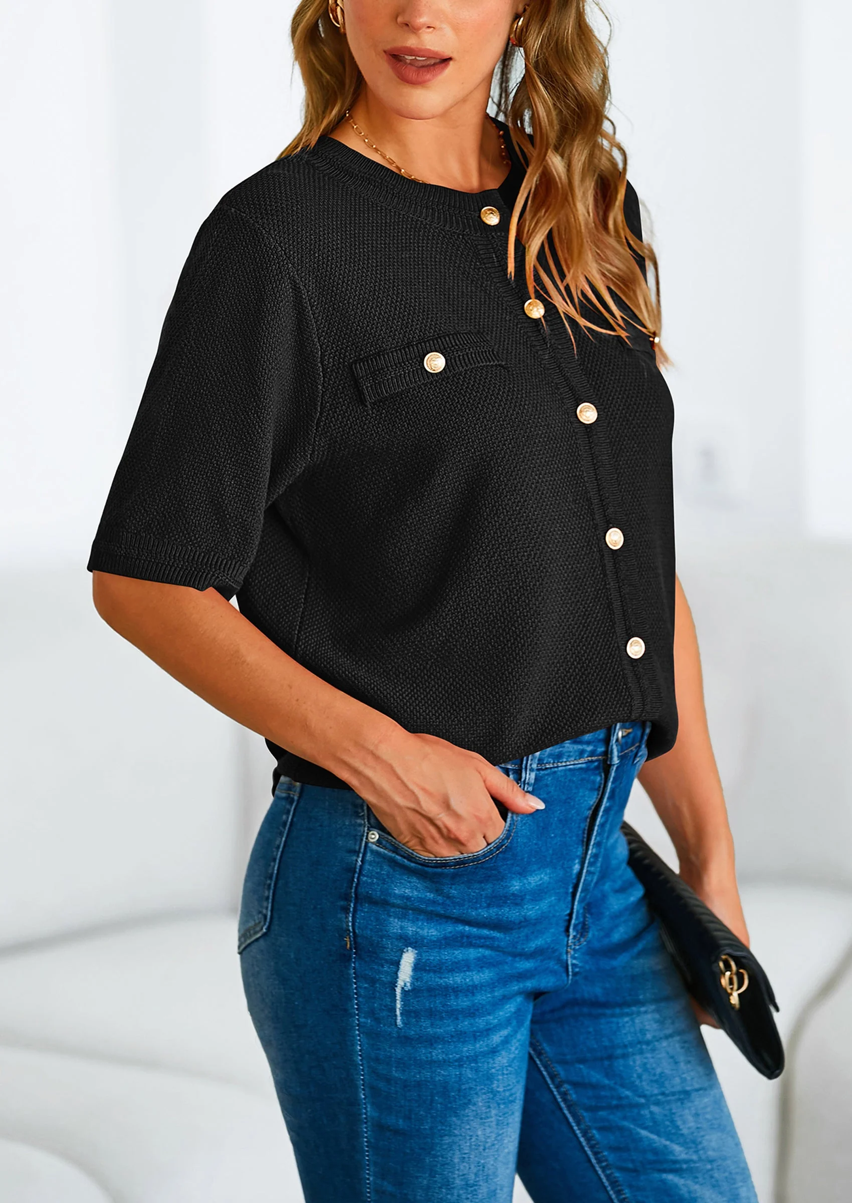 PRETTYGARDEN Women's Summer Button Down Shirts Casual Short Sleeve Crew Neck Ribbed Knit Blouse Top Cardigans - Image 30