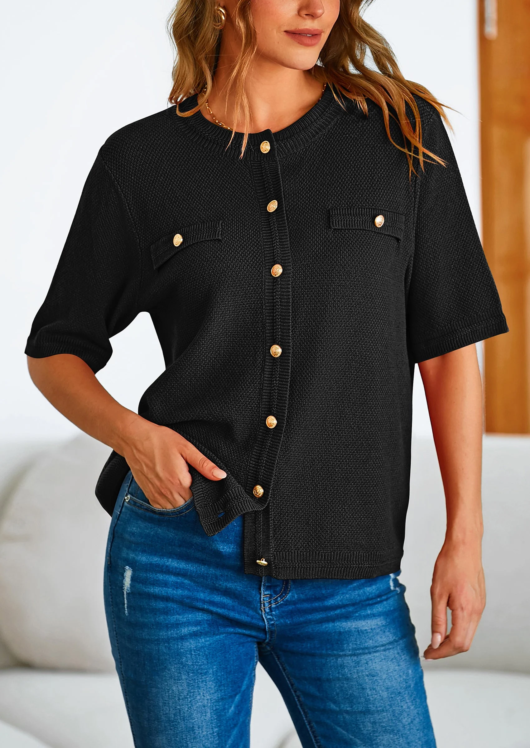 PRETTYGARDEN Women's Summer Button Down Shirts Casual Short Sleeve Crew Neck Ribbed Knit Blouse Top Cardigans - Image 31