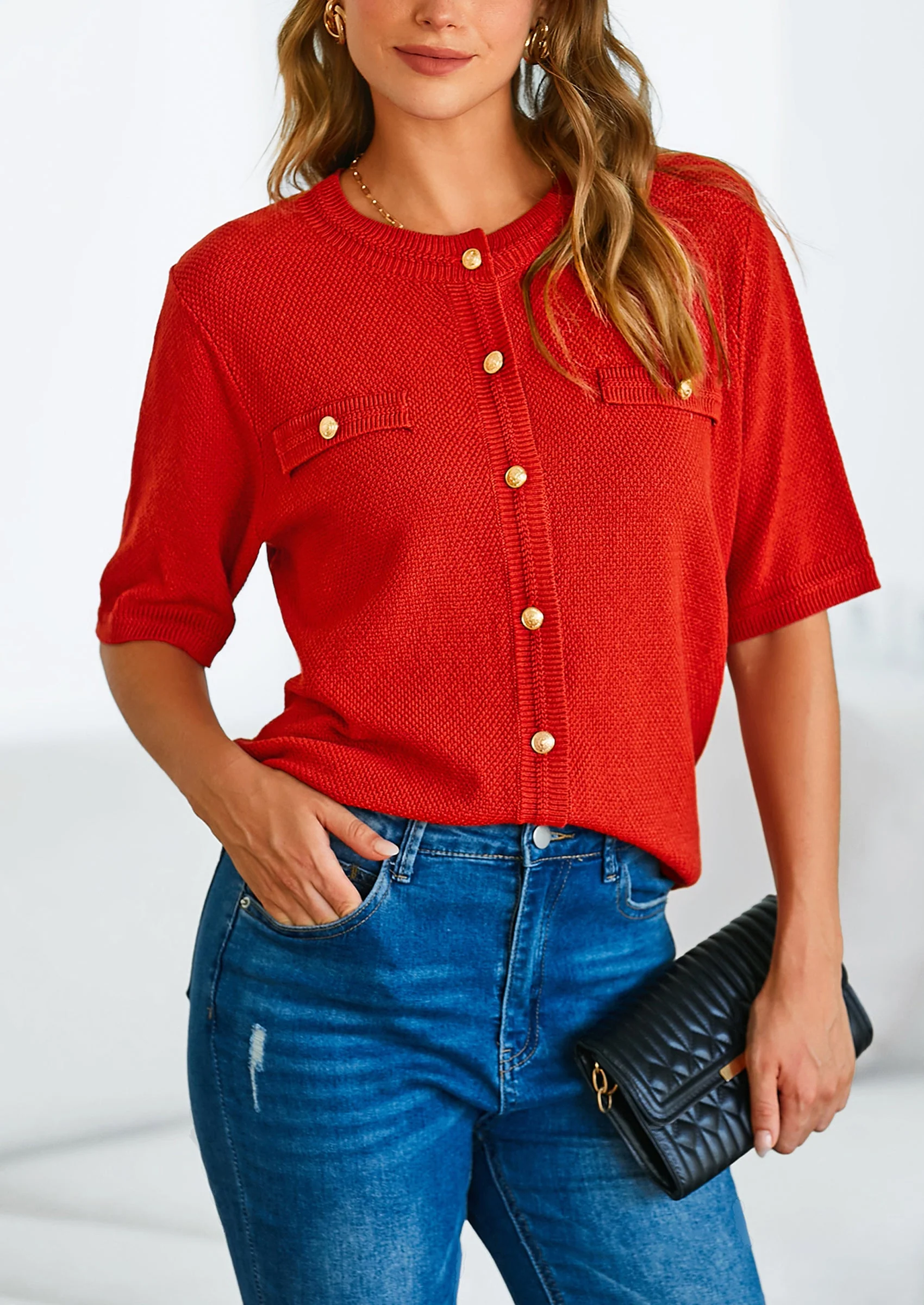 PRETTYGARDEN Women's Summer Button Down Shirts Casual Short Sleeve Crew Neck Ribbed Knit Blouse Top Cardigans - Image 34