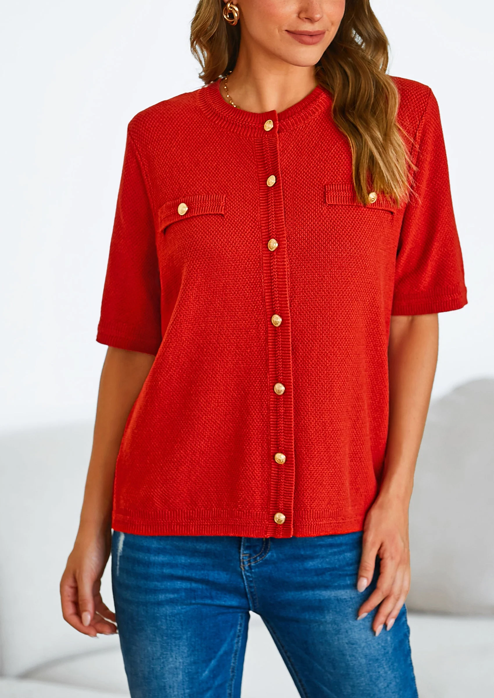 PRETTYGARDEN Women's Summer Button Down Shirts Casual Short Sleeve Crew Neck Ribbed Knit Blouse Top Cardigans - Image 35