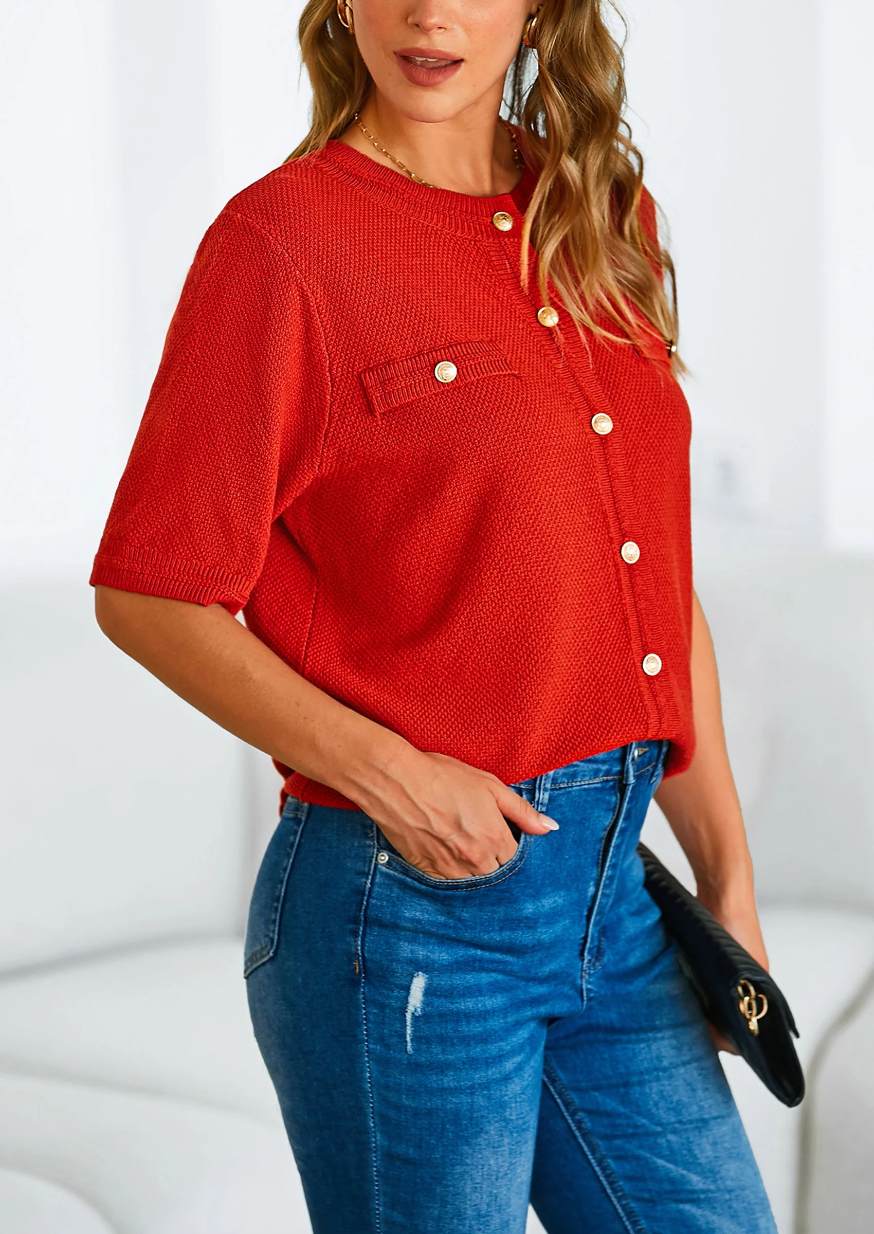 PRETTYGARDEN Women's Summer Button Down Shirts Casual Short Sleeve Crew Neck Ribbed Knit Blouse Top Cardigans - Image 36