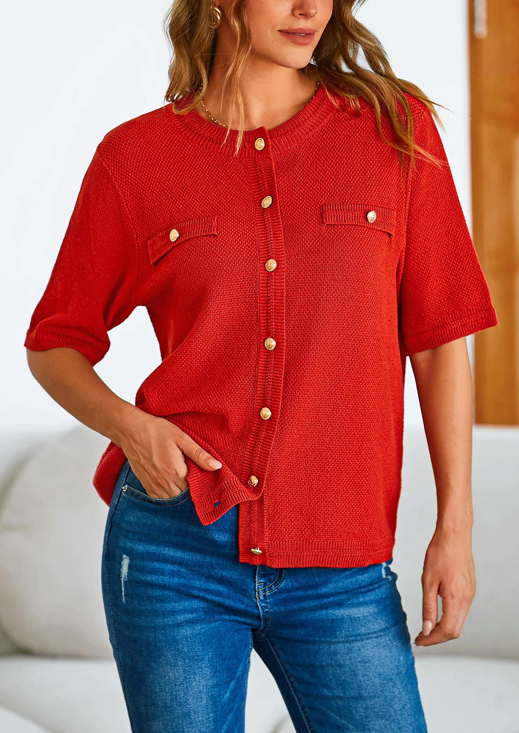 PRETTYGARDEN Women's Summer Button Down Shirts Casual Short Sleeve Crew Neck Ribbed Knit Blouse Top Cardigans - Image 37