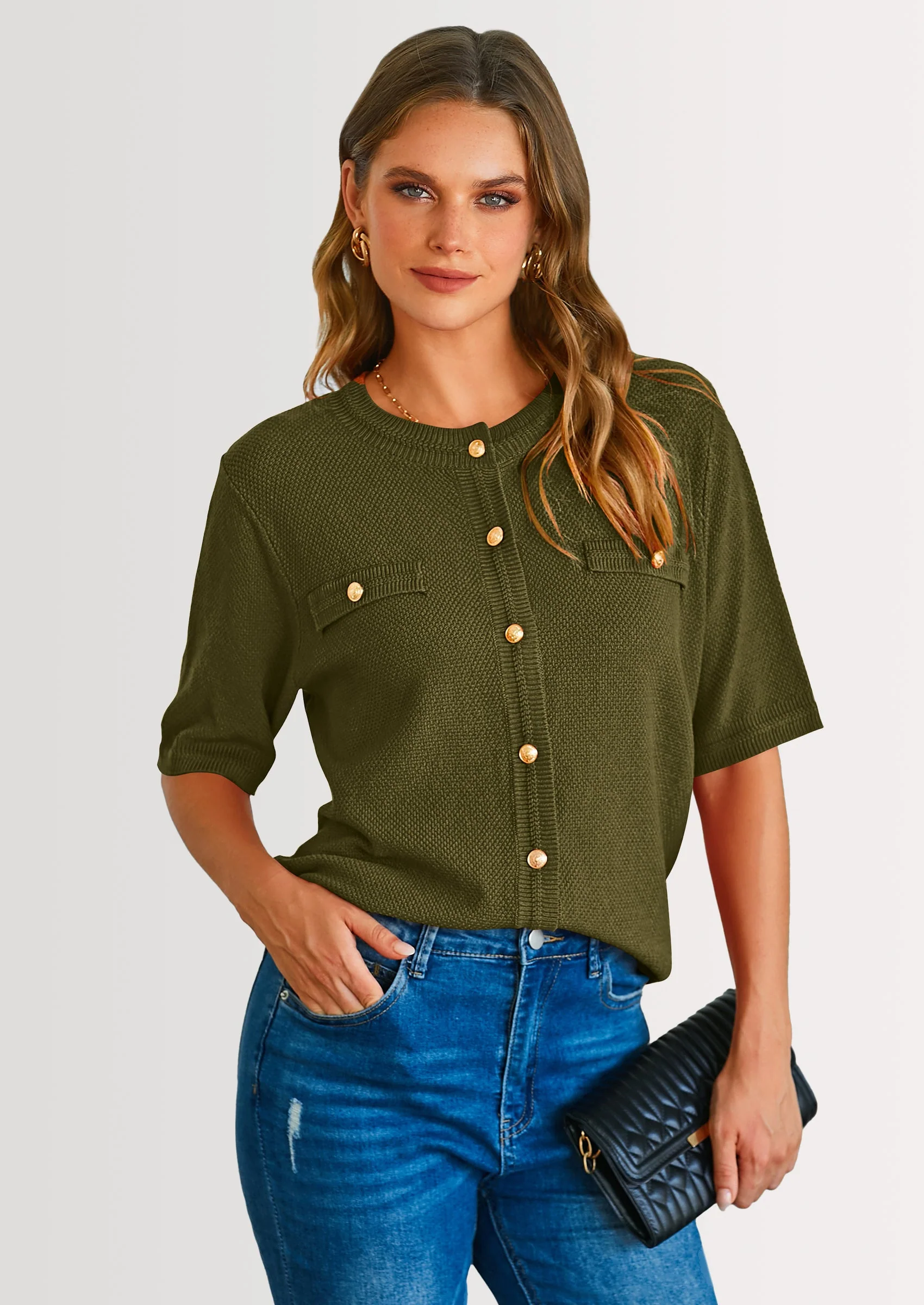 PRETTYGARDEN Women's Summer Button Down Shirts Casual Short Sleeve Crew Neck Ribbed Knit Blouse Top Cardigans - Image 38