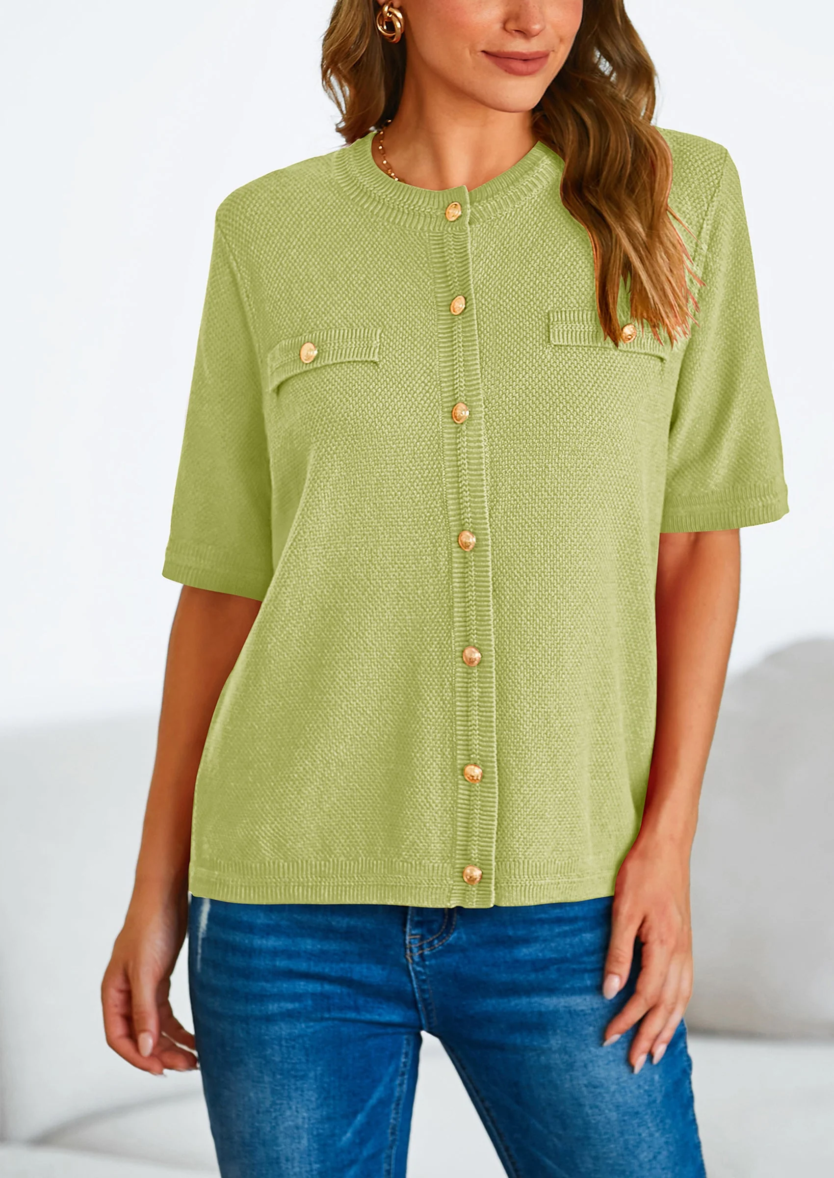 PRETTYGARDEN Women's Summer Button Down Shirts Casual Short Sleeve Crew Neck Ribbed Knit Blouse Top Cardigans - Image 4